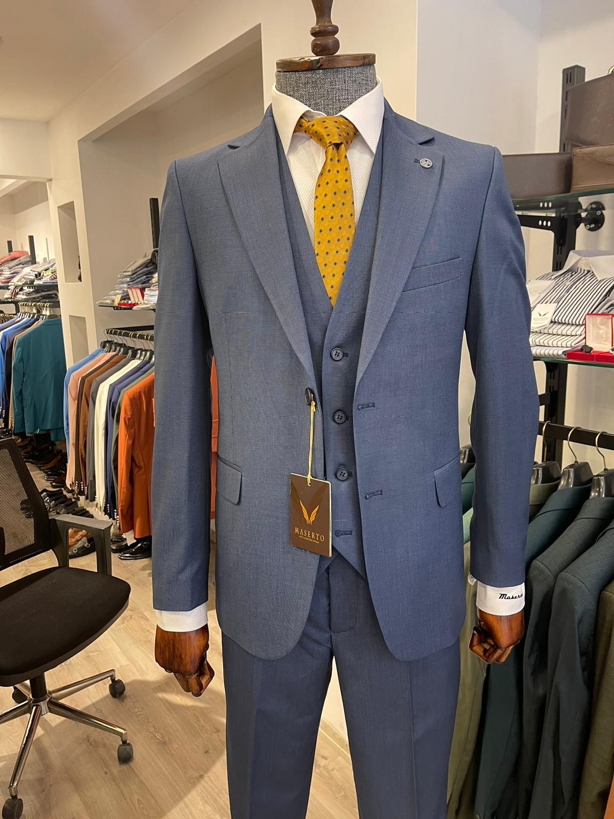 Maserto Slim Fit Lacivert Takım Elbise Düz Desenli