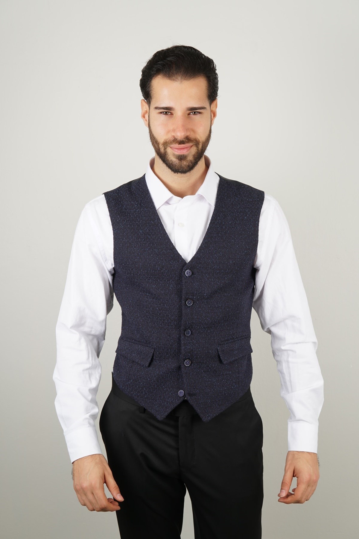 Maserto Slim Fit Navy Blue Vest Dot Patterned