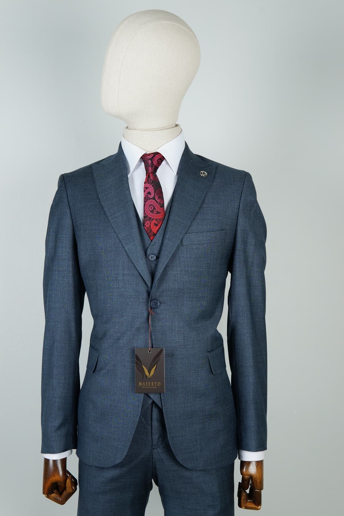 Maserto Slim Fit Lacivert Yelekli Takım Elbise Kendinden Desenli