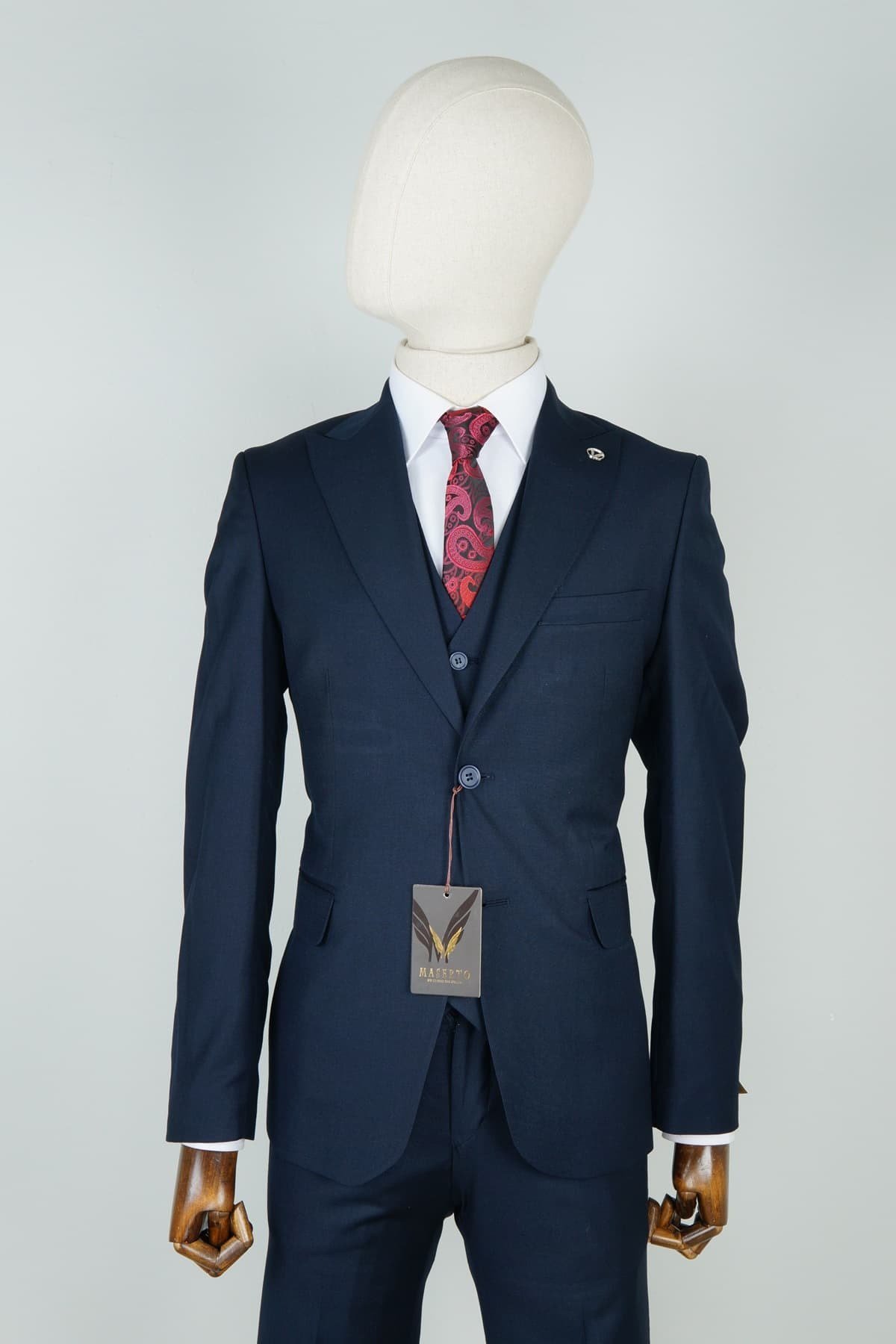 Maserto Slim Fit Lacivert Yelekli Takım Elbise Düz Desenli