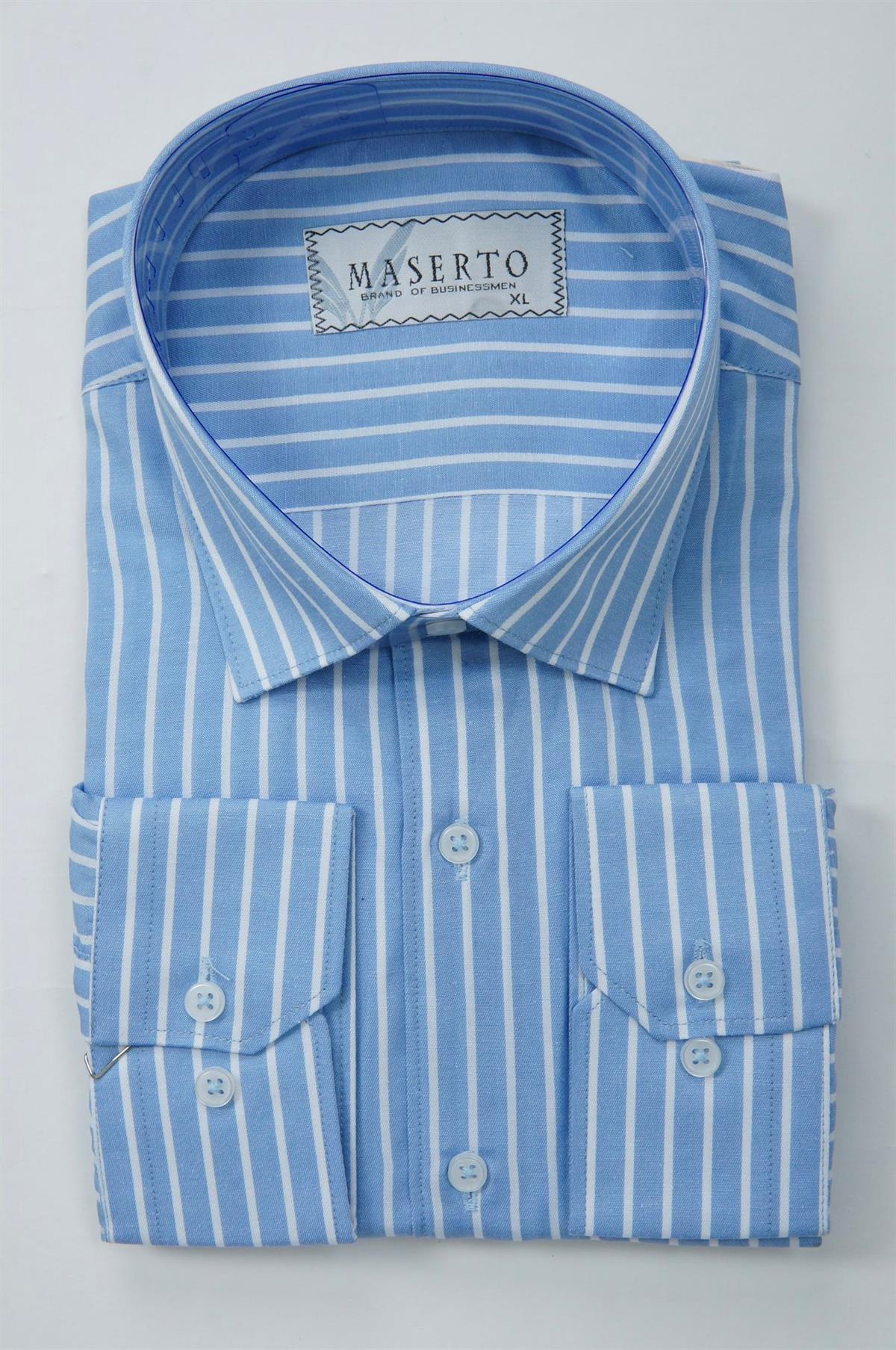 Maserto Slim Fit Mavi Gömlek Çizgili Desenli