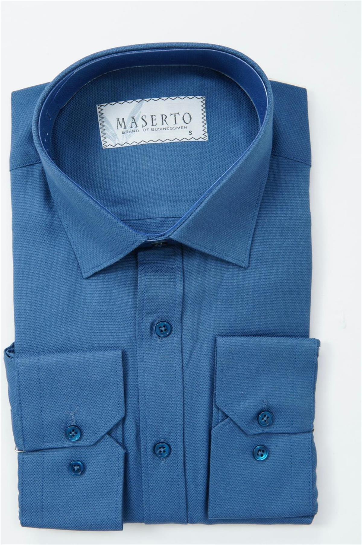 Maserto Slim Fit Mavi Gömlek Kendinden Desenli