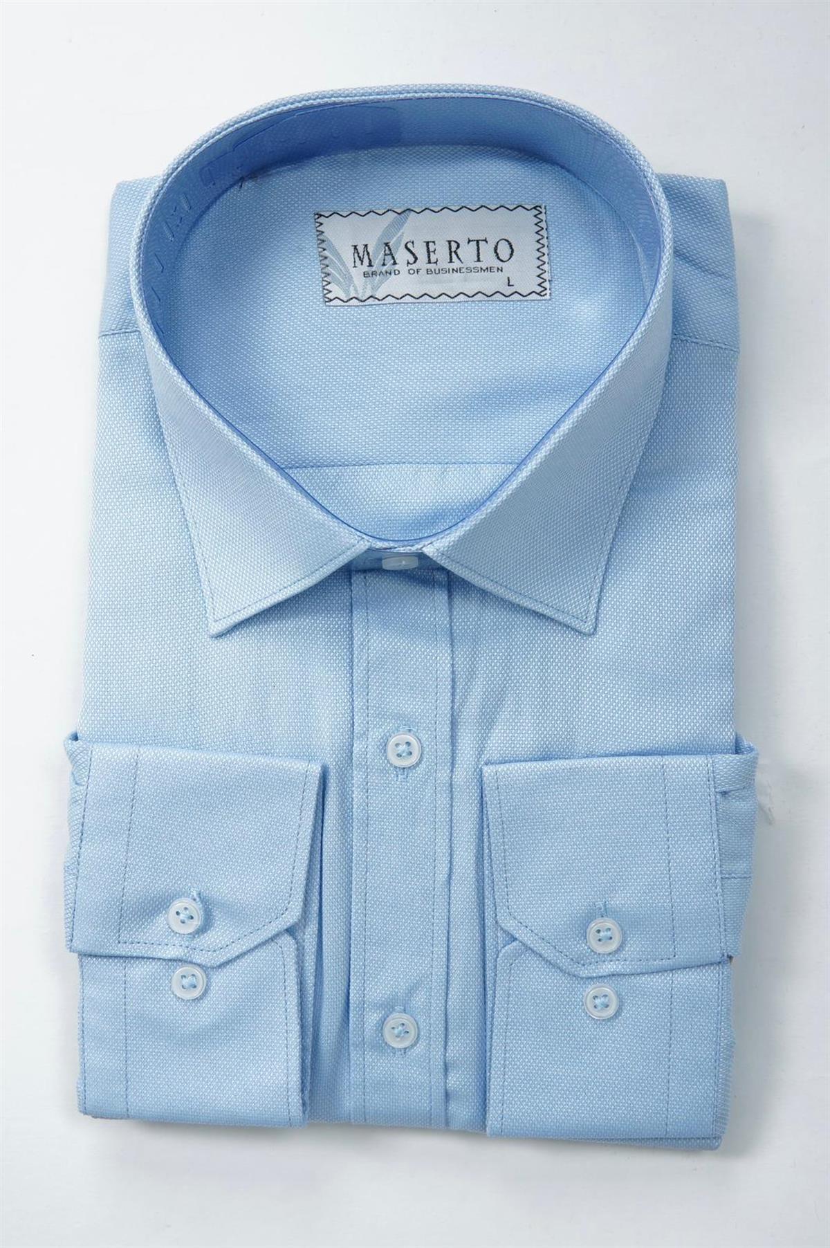 Maserto Slim Fit Mavi Gömlek Kendinden Desenli