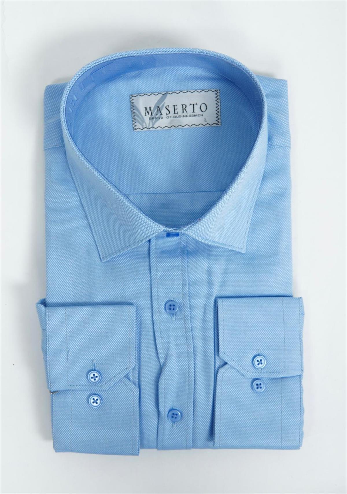 Maserto Slim Fit Mavi Gömlek Kendinden Desenli