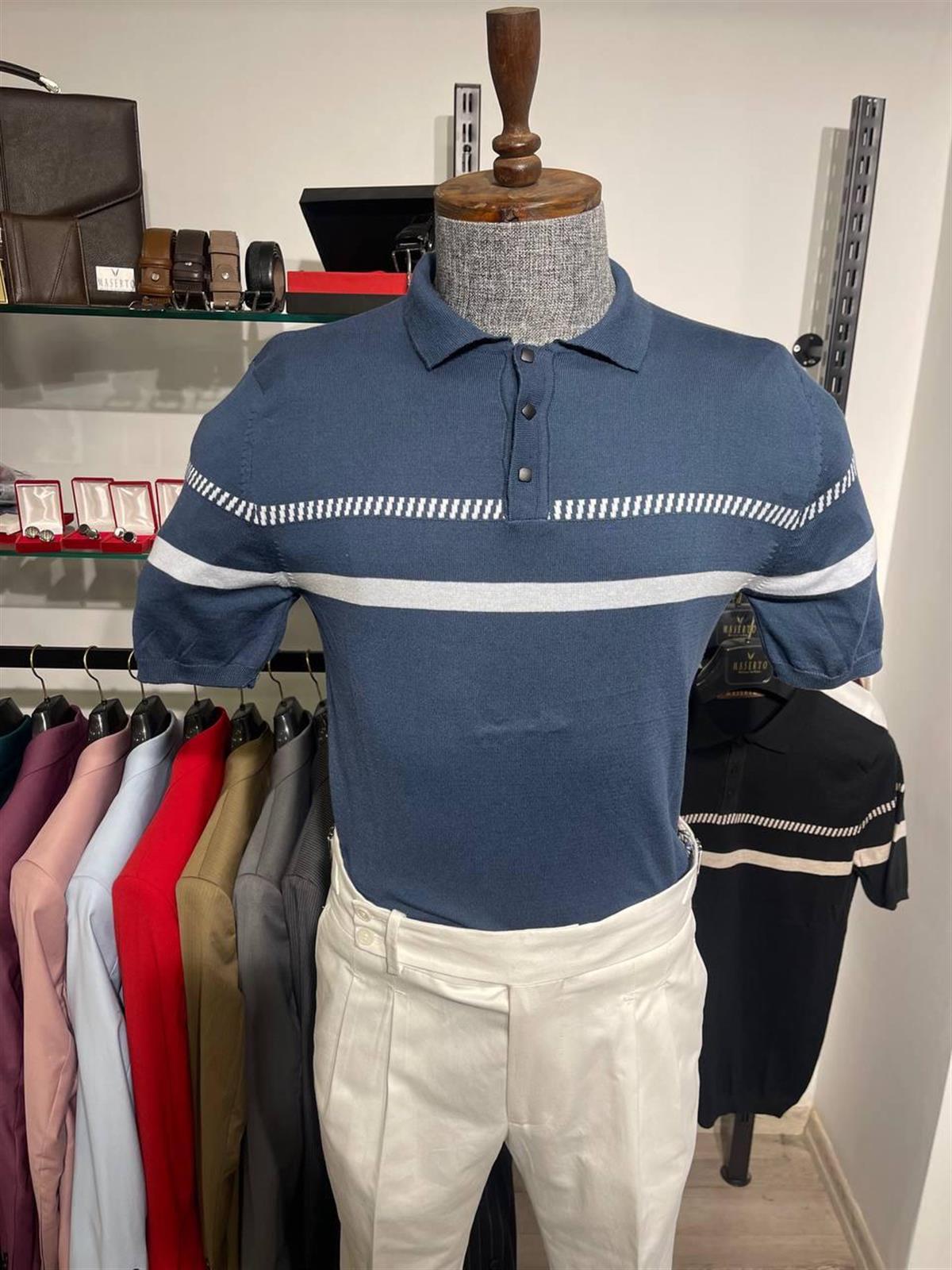 Maserto Slim Fit Mavi Polo Yaka T-Shirt Çizgi Desenli