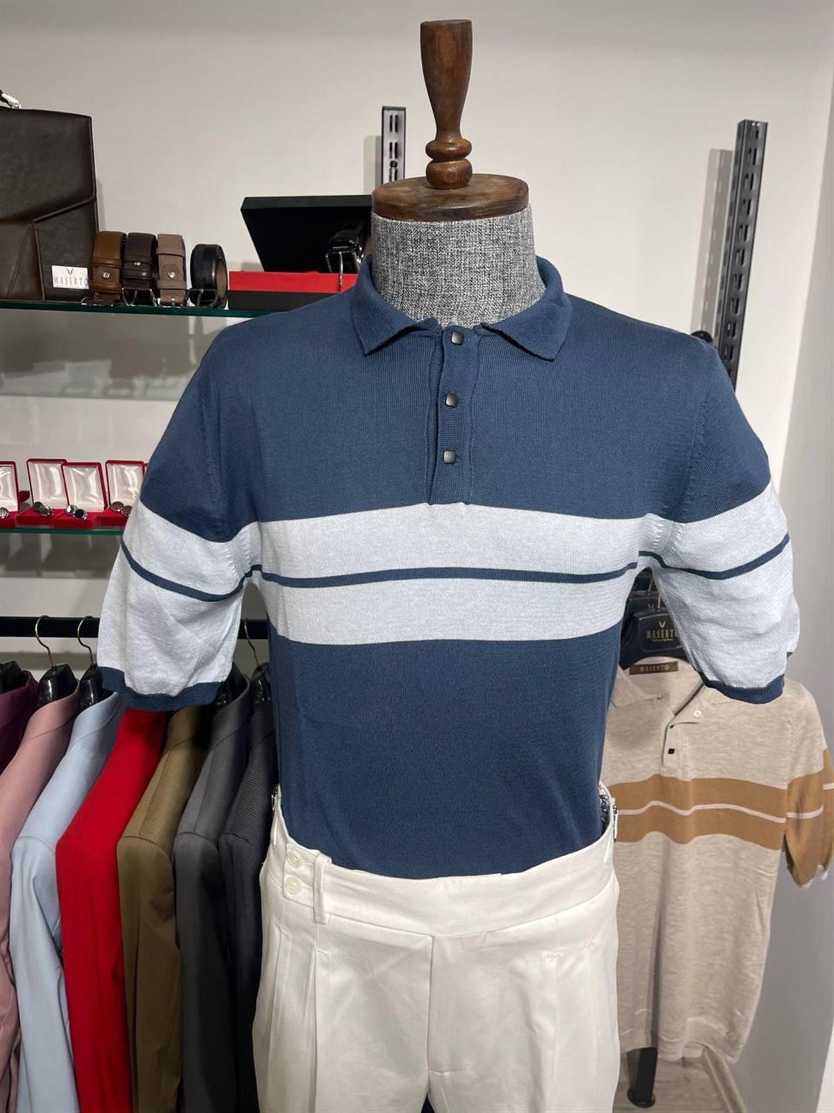 Maserto Slim Fit Mavi Polo Yaka T-Shirt Çizgi Desenli