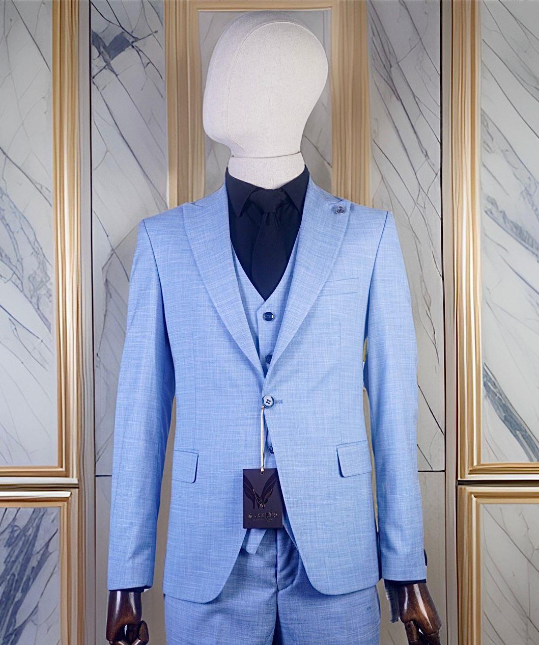 Maserto Slim Fit Mavi Takım Elbise Çizgili Desenli