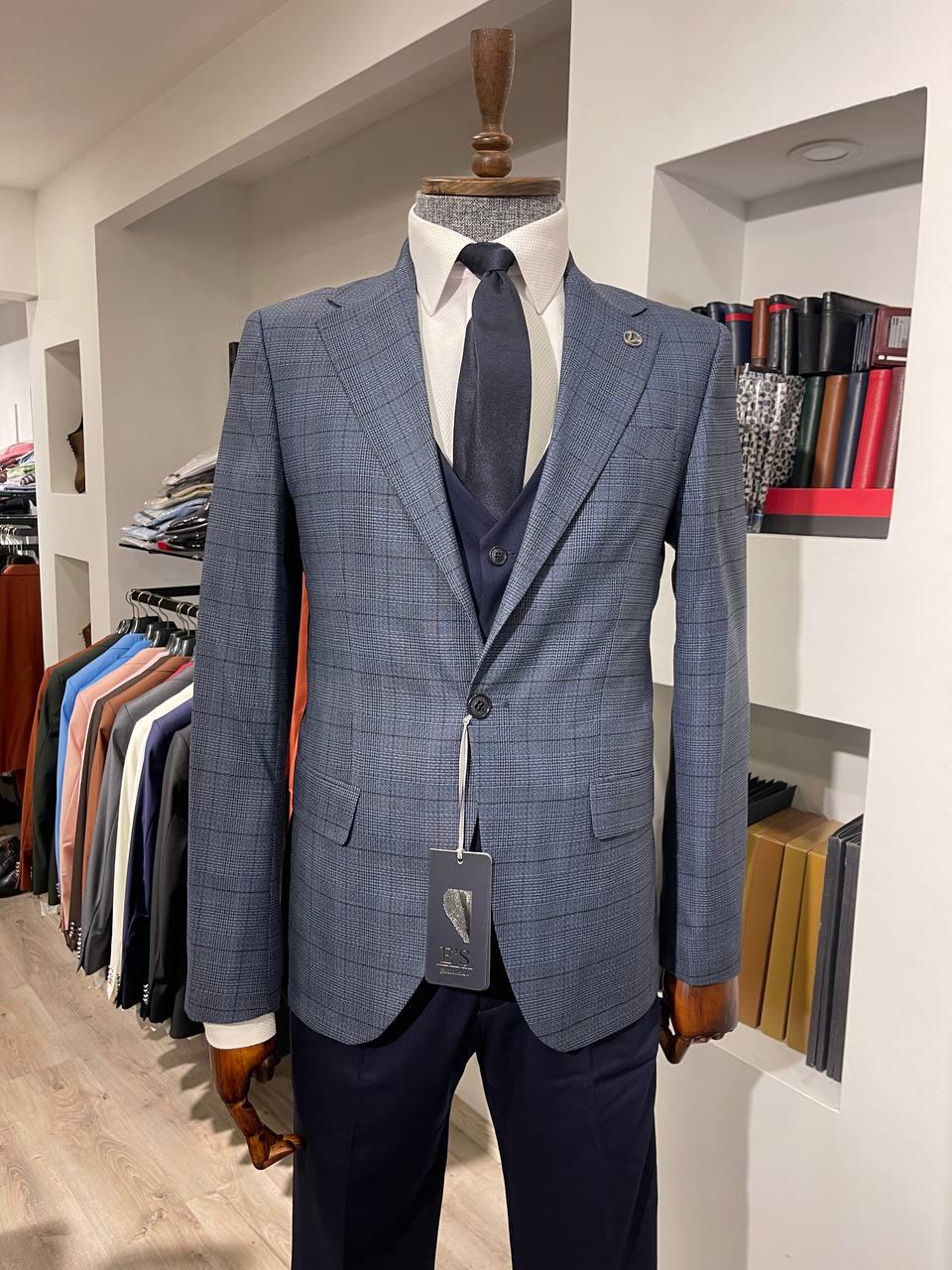 Maserto Slim Fit Mavi Takım Elbise Çizgili Desenli