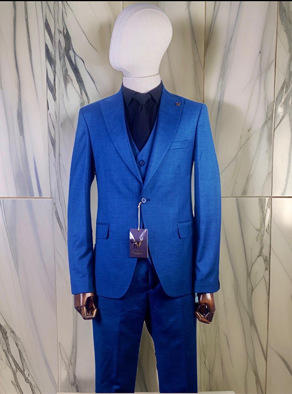 Maserto Slim Fit Mavi Takım Elbise Çizgili Desenli