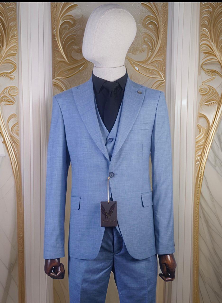 Maserto Slim Fit Mavi Takım Elbise Çizgili Desenli