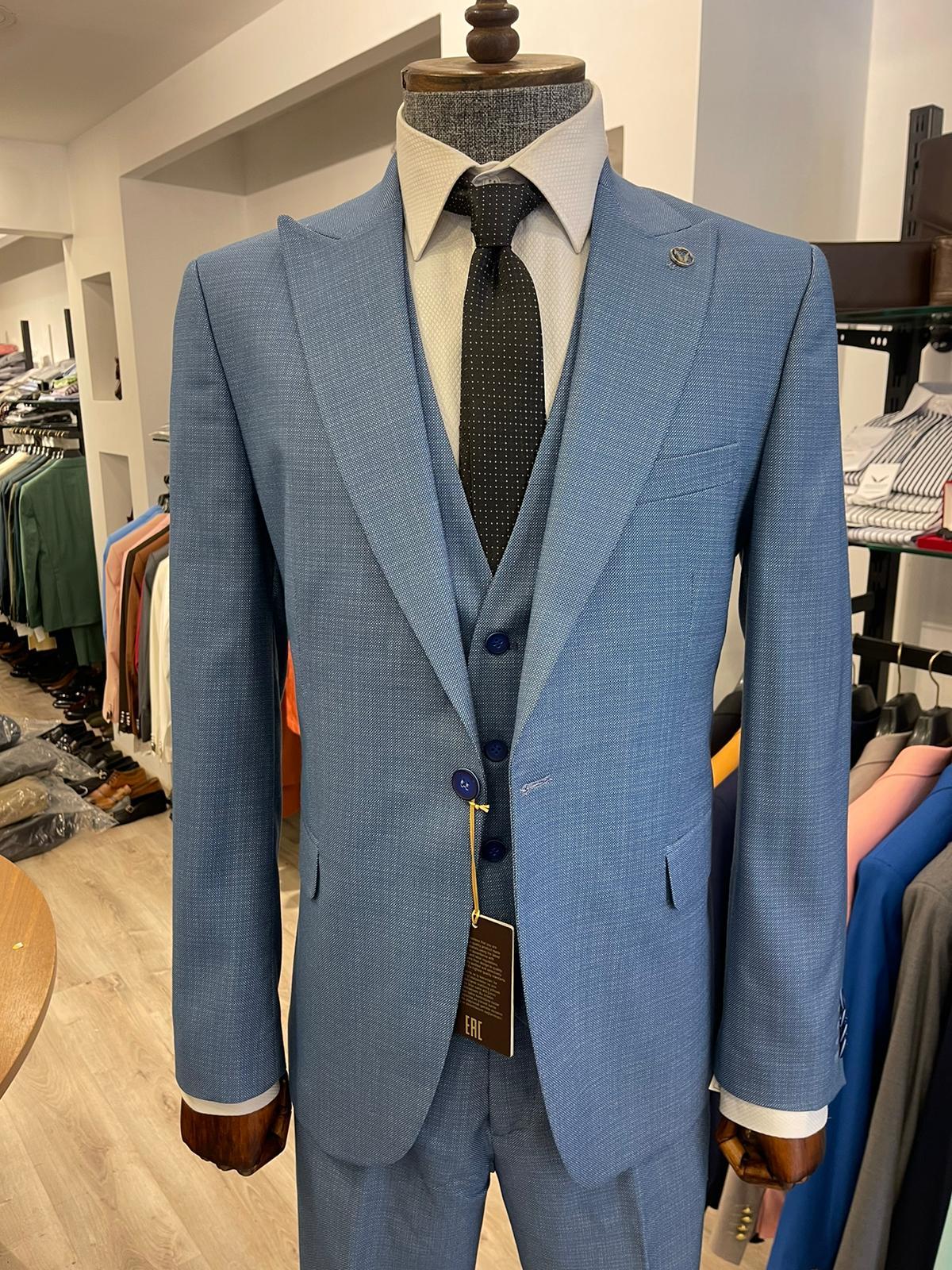 Maserto Slim Fit Mavi Takım Elbise Düz Desenli