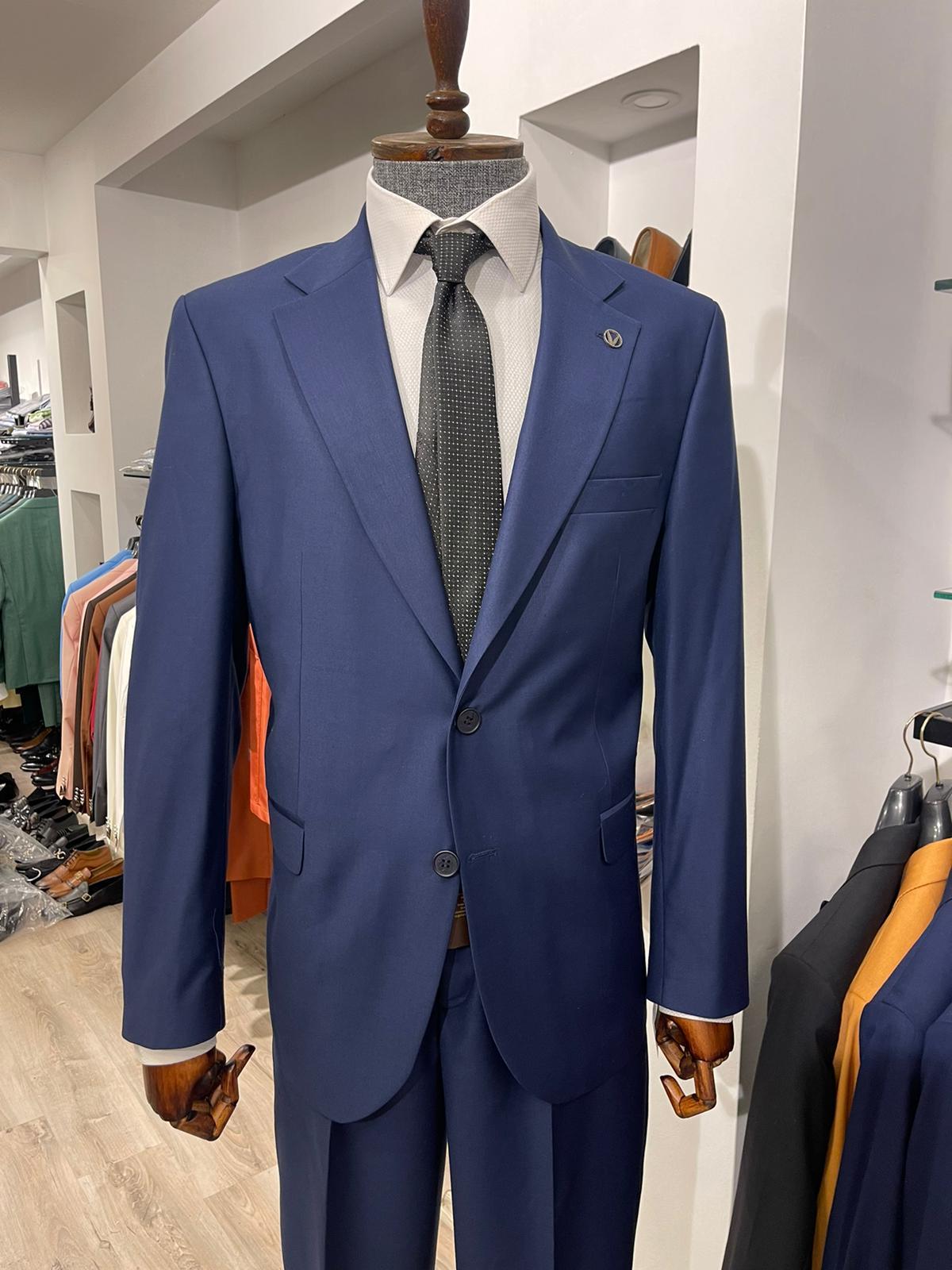 Maserto Slim Fit Mavi Takım Elbise Düz Desenli