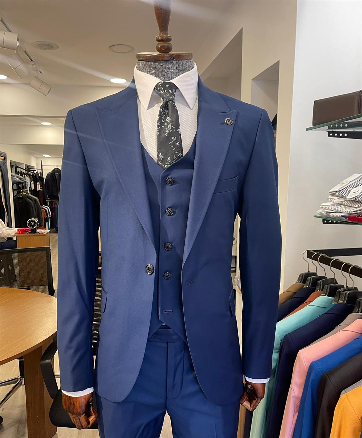 Maserto Slim Fit Mavi Takım Elbise Düz Desenli