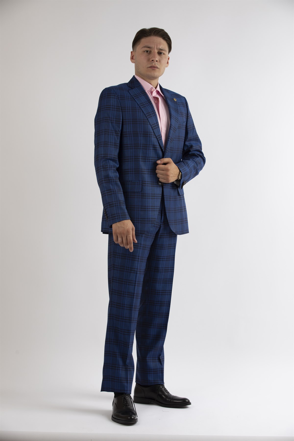 Maserto Slim Fit Mavi Takım Elbise Ekose Desenli