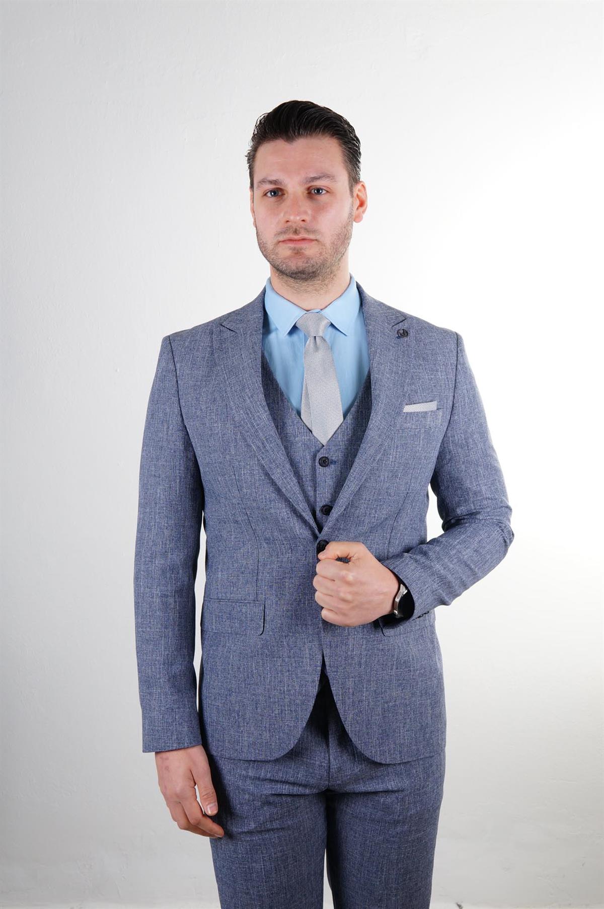 Maserto Slim Fit Mavi Takım Elbise Kendinden Desenli