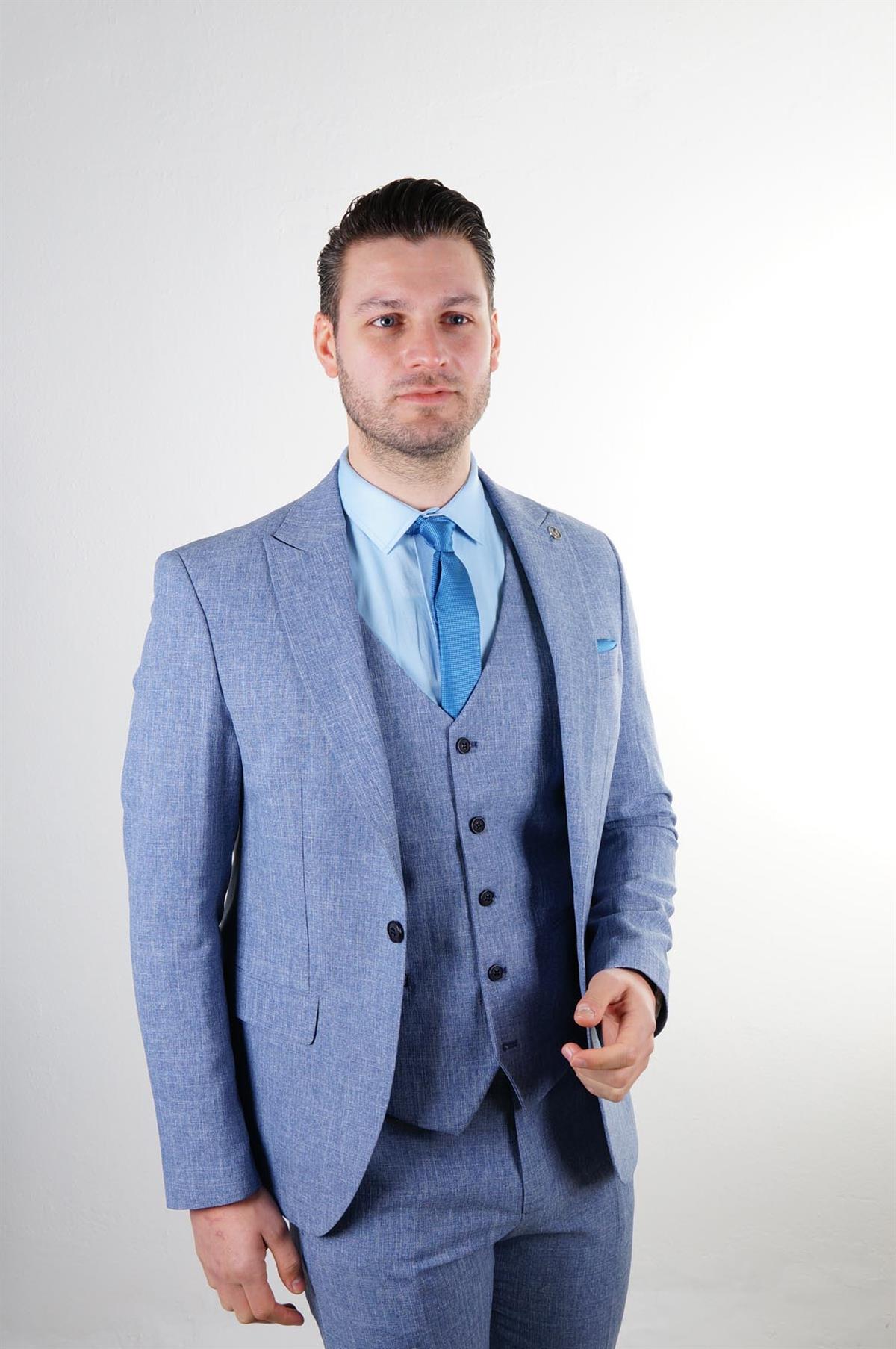 Maserto Slim Fit Mavi Takım Elbise Kendinden Desenli