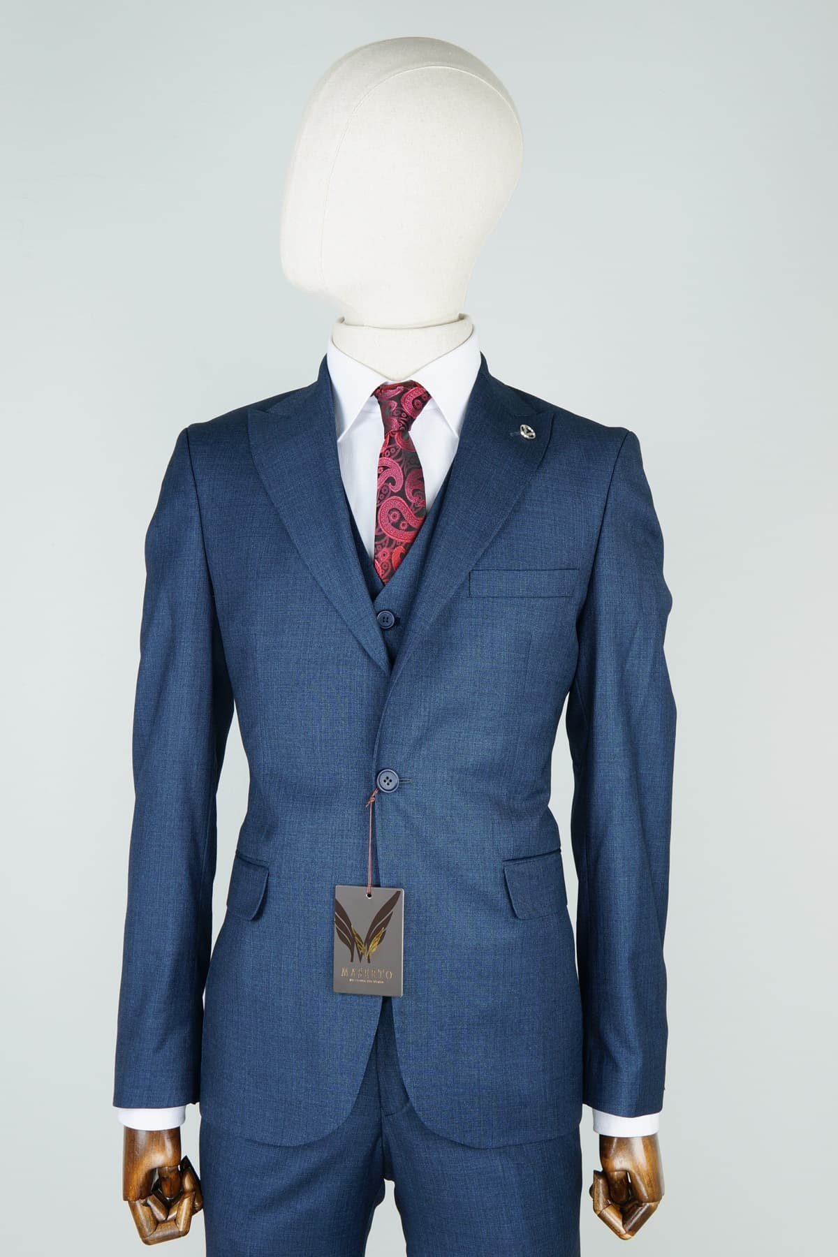 Maserto Slim Fit Mavi Takım Elbise Kendinden Desenli