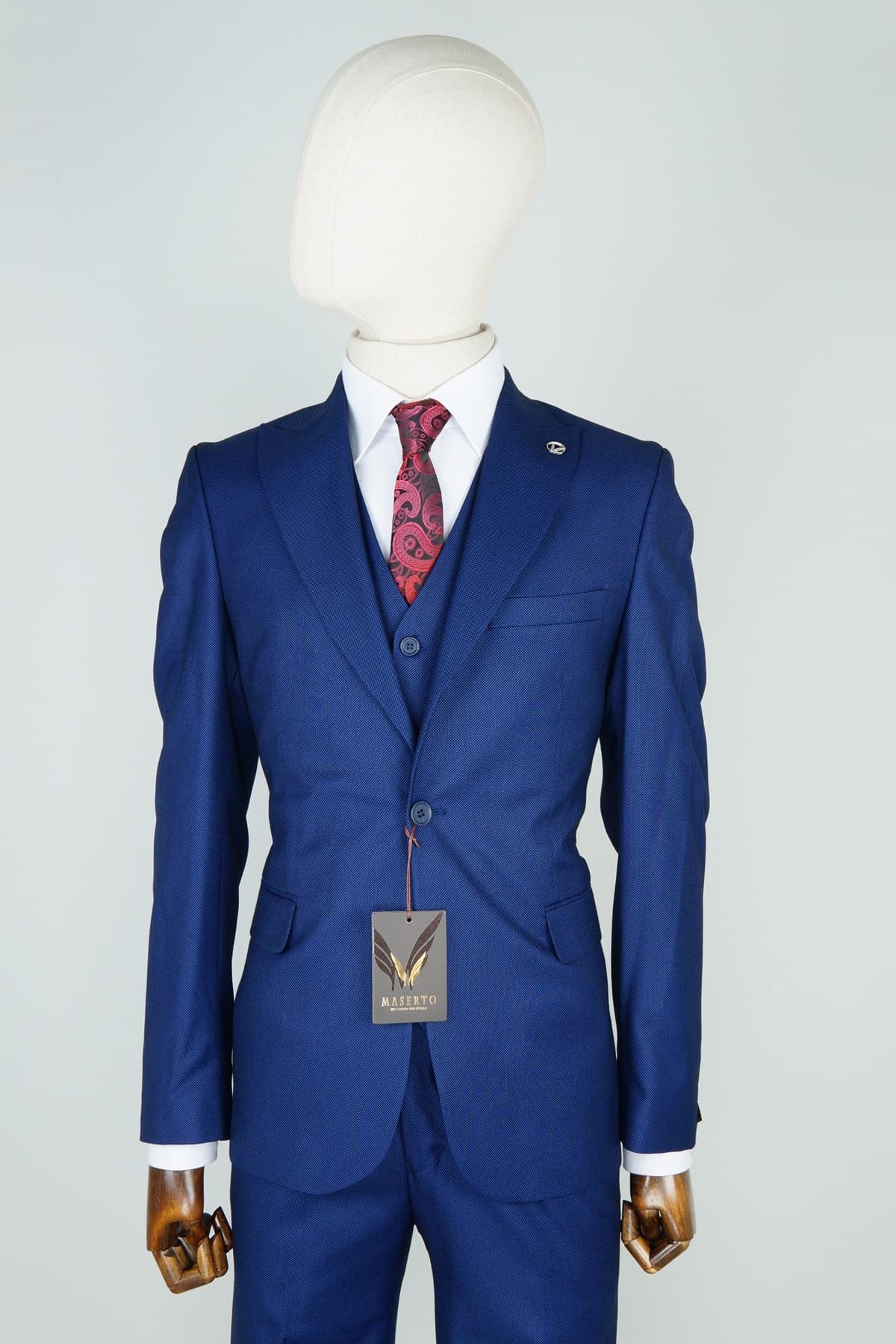 Maserto Slim Fit Mavi Takım Elbise Kendinden Desenli