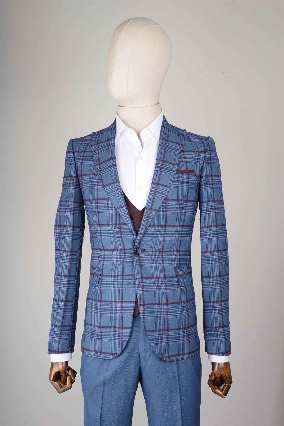 Maserto Slim Fit Mavi Yelekli Takım Elbise Ekose Desenli