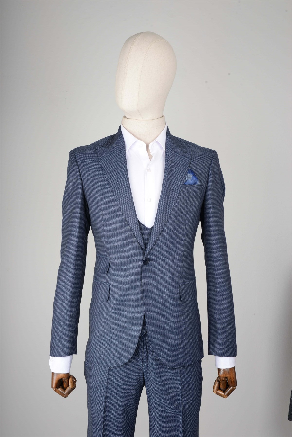 Maserto Slim Fit Mavi Yelekli Takım Elbise Kendinden Desenli