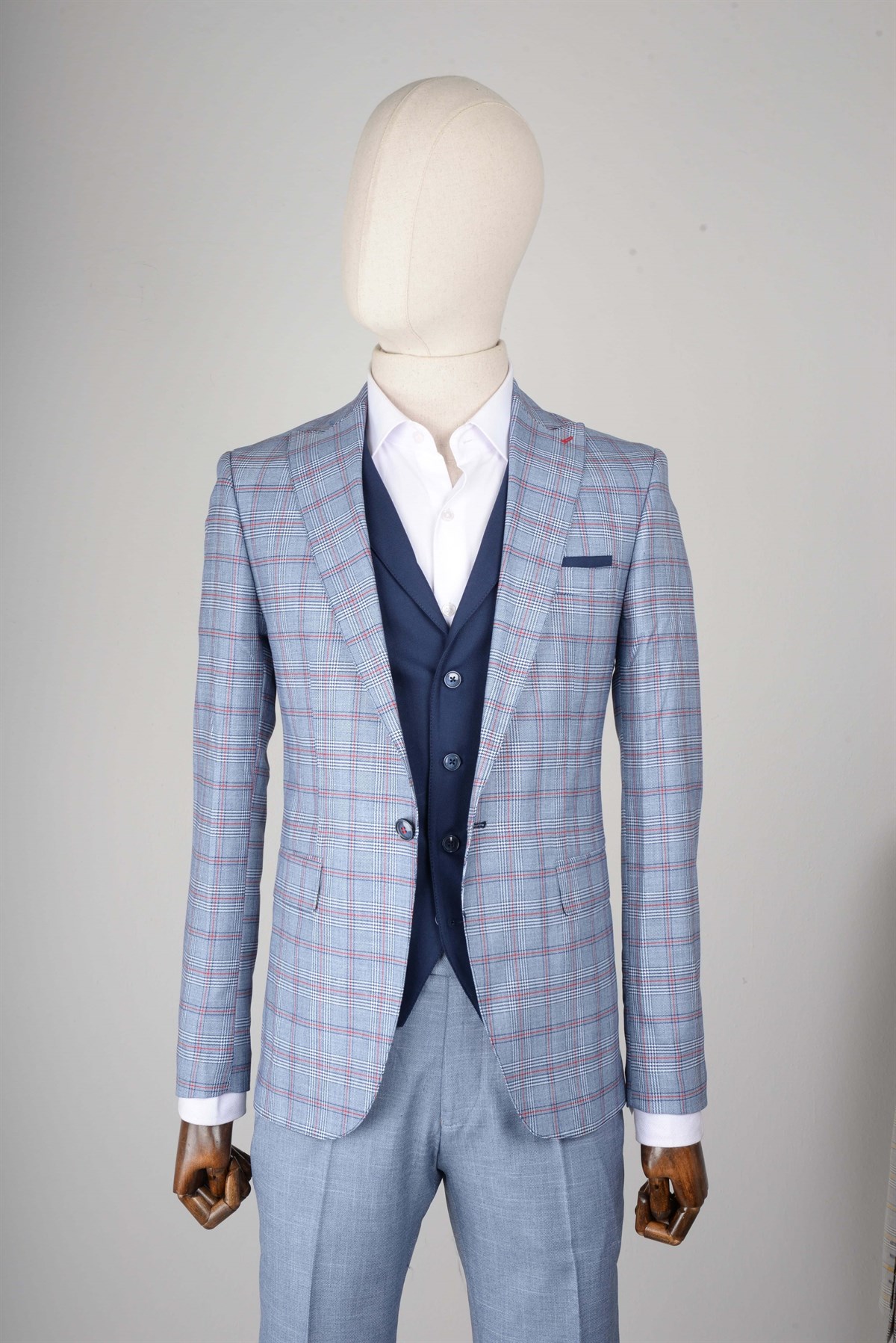 Maserto Slim Fit Mavi Yelekli Takım Elbise Ekose Desenli