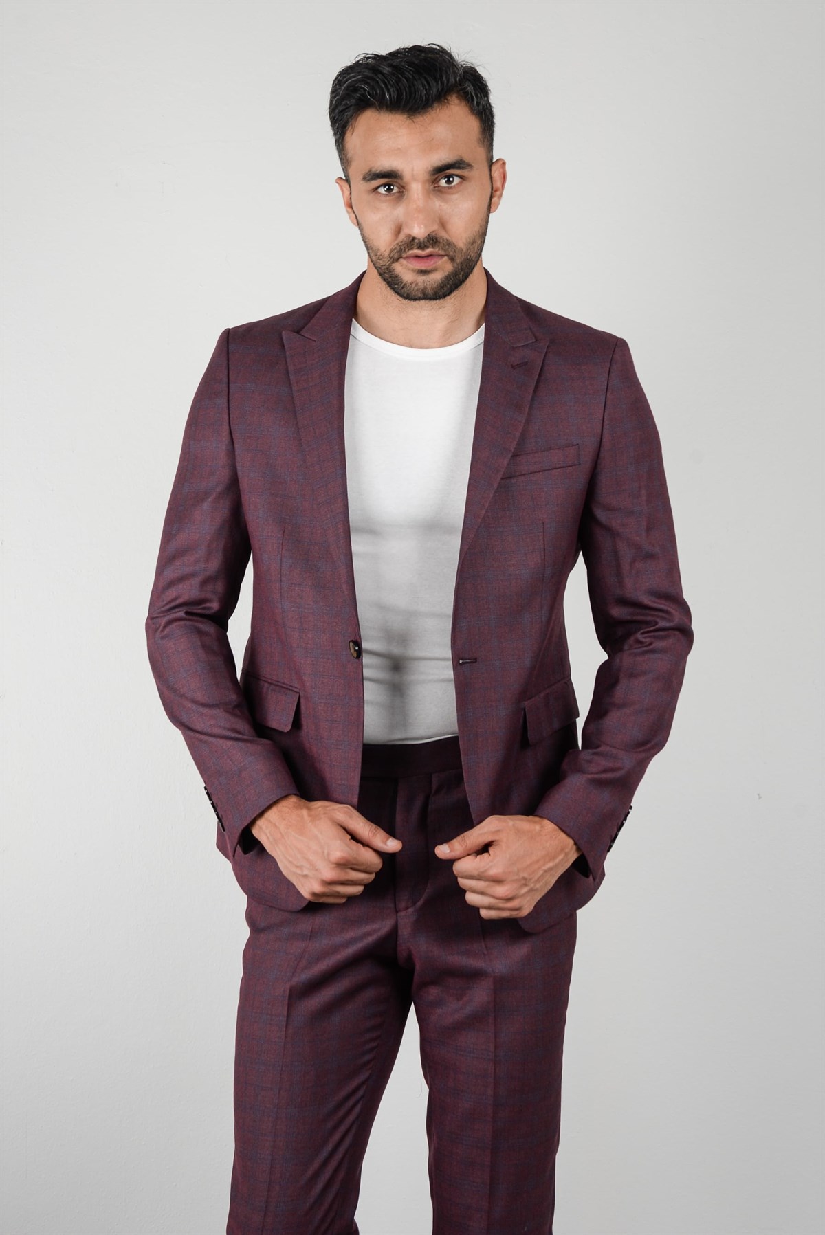 Maserto Slim Fit Purple Suit Striped Patterned
