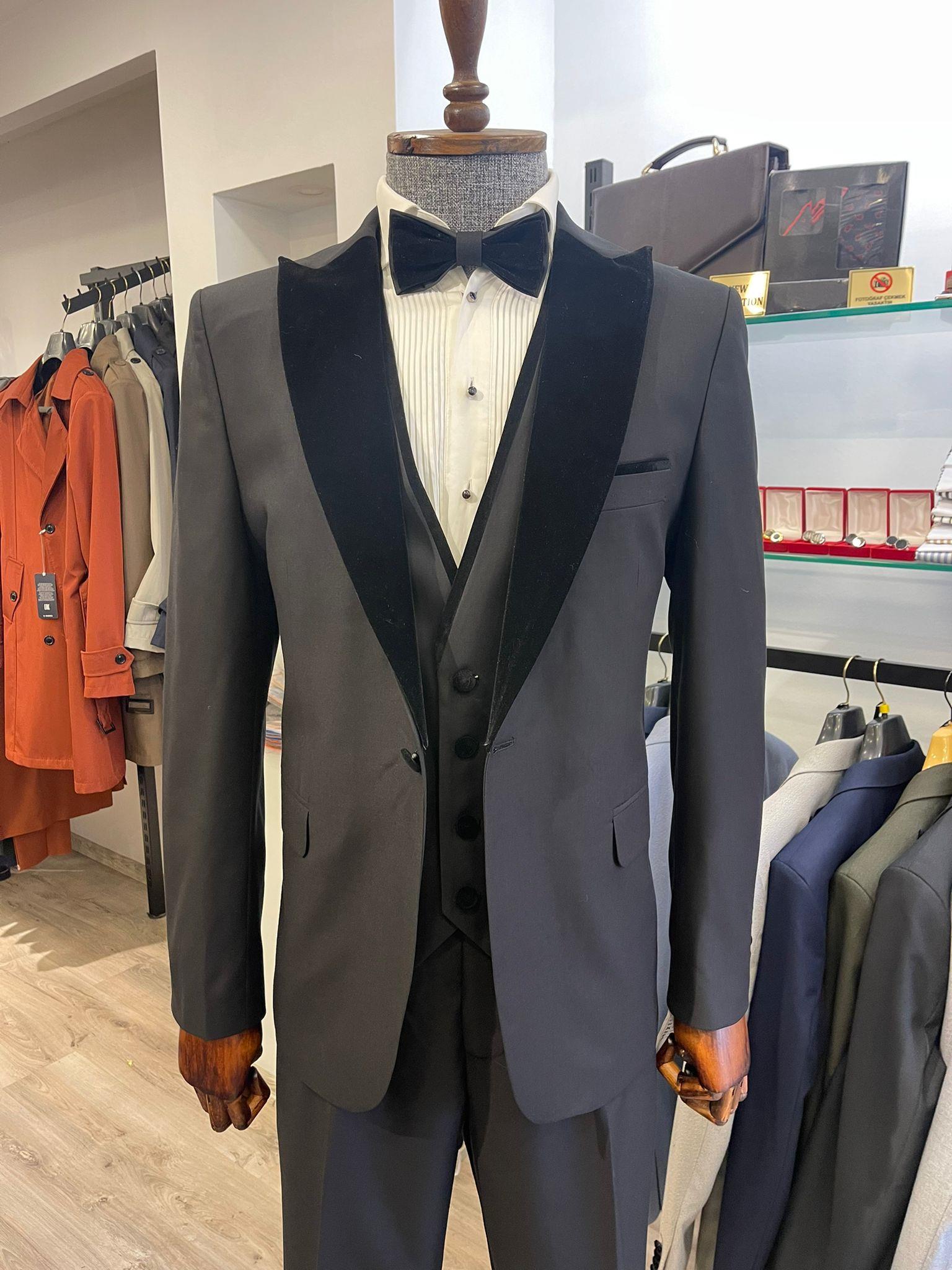 Maserto Slim Fit Siyah Damatlık Düz Desenli