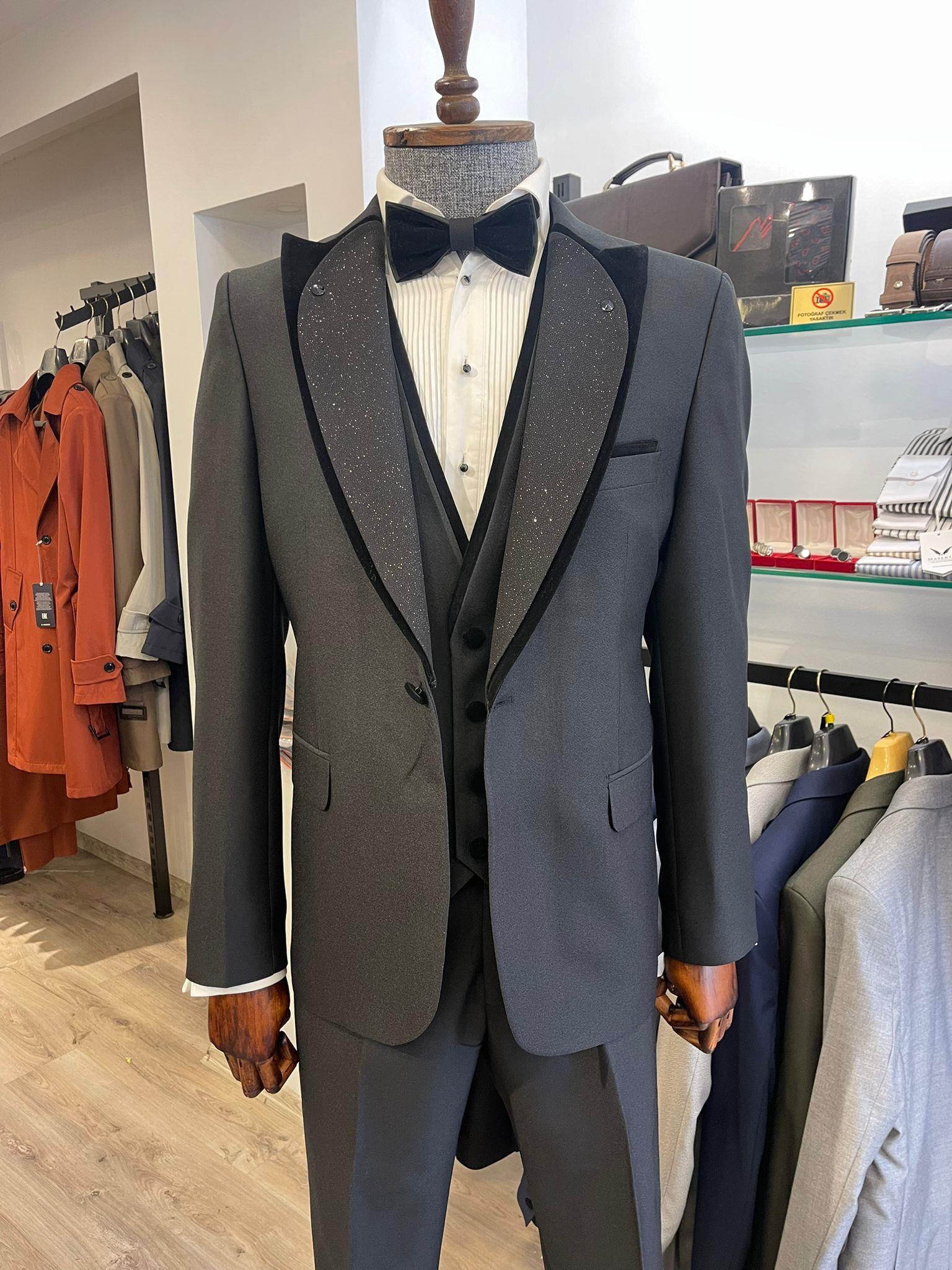 Maserto Slim Fit Siyah Damatlık Düz Desenli