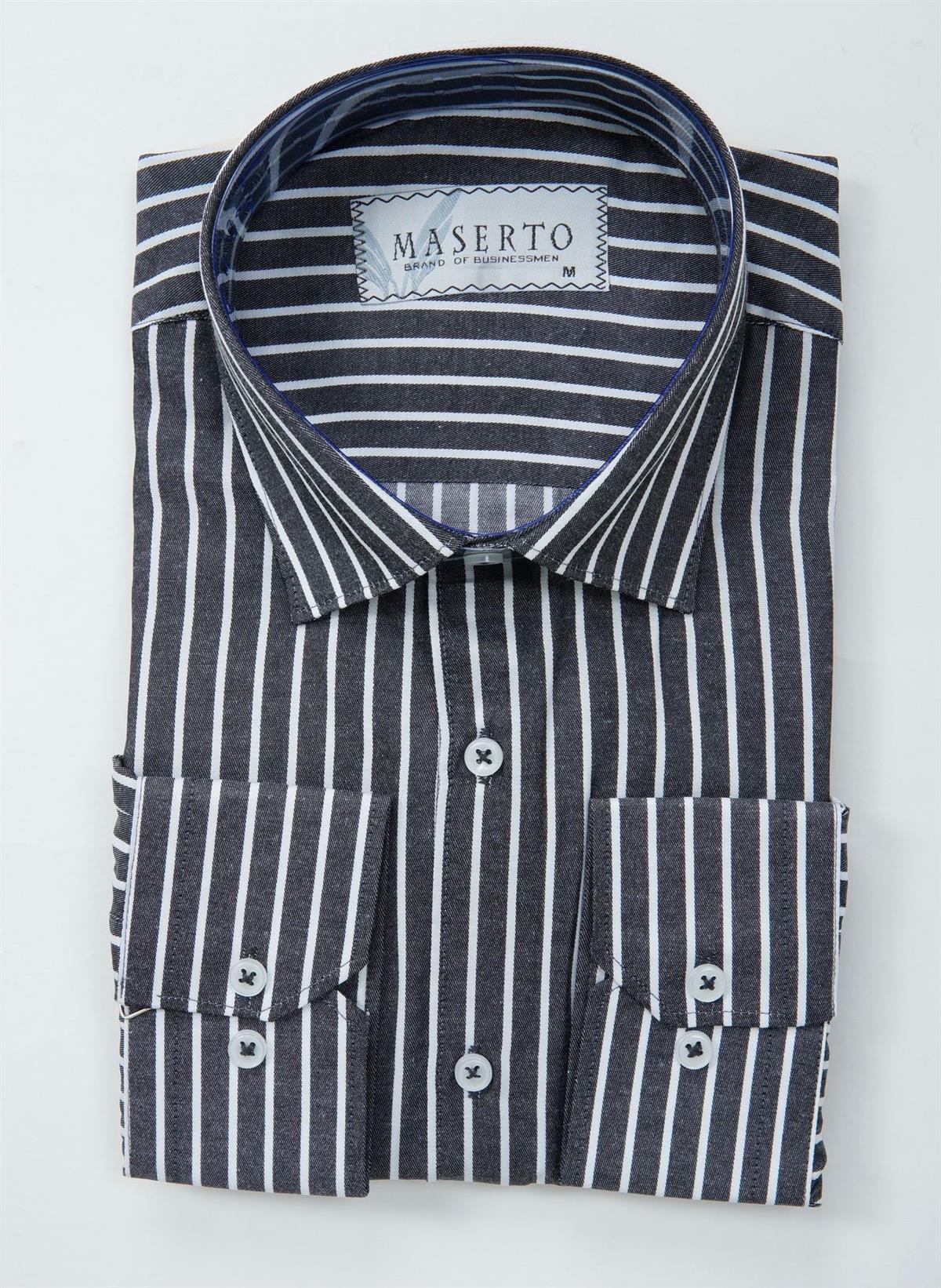 Maserto Slim Fit Siyah Gömlek Çizgili Desenli