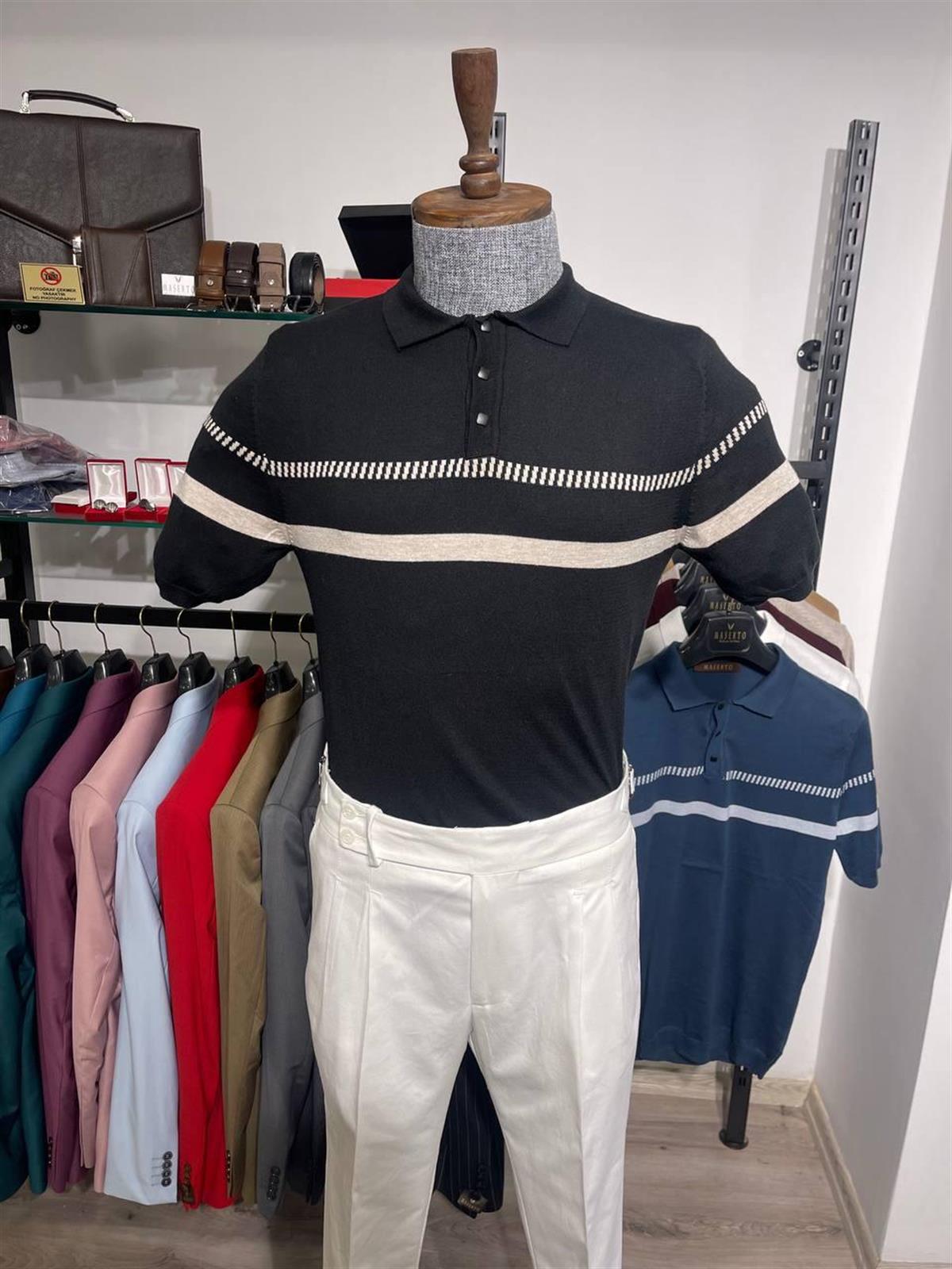 Maserto Slim Fit Siyah Polo Yaka T-Shirt Çizgi Desenli