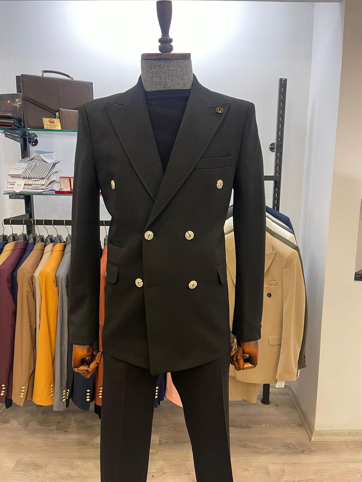 Maserto Slim Fit Siyah Takım Elbise Düz Desenli