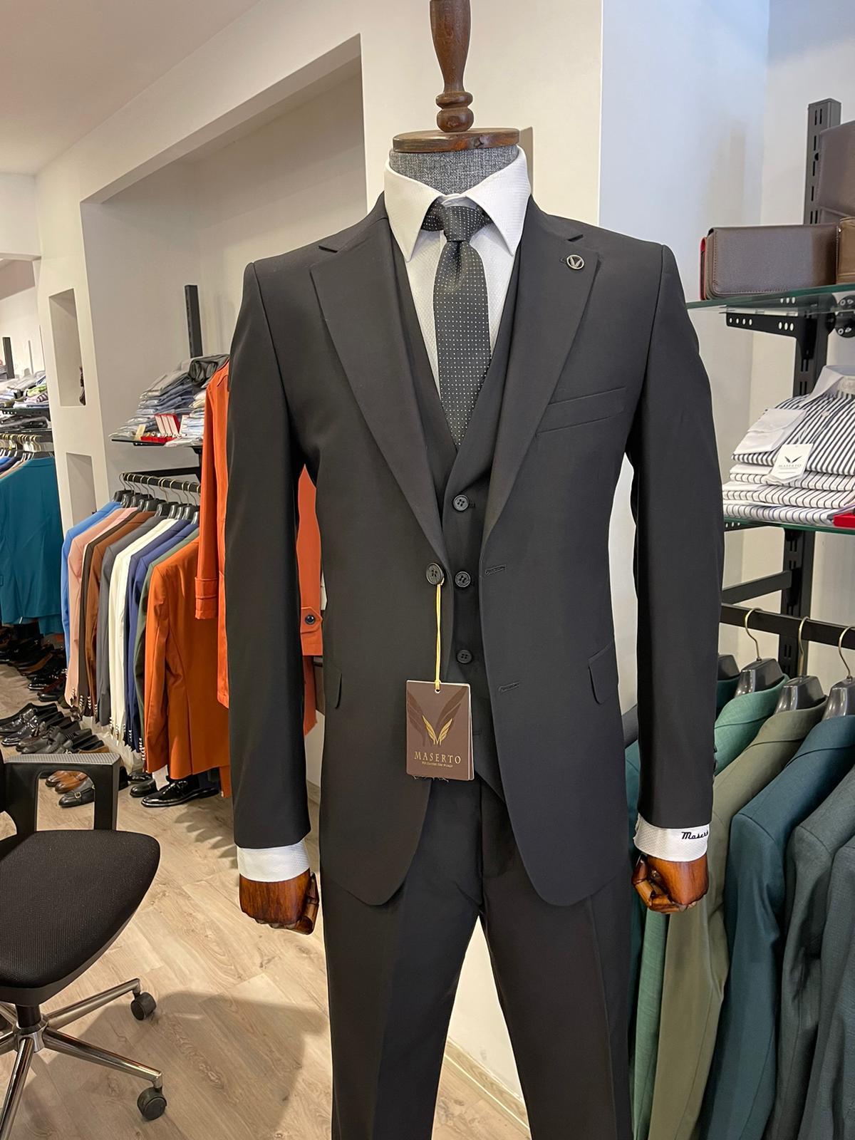 Maserto Slim Fit Siyah Takım Elbise Düz Desenli