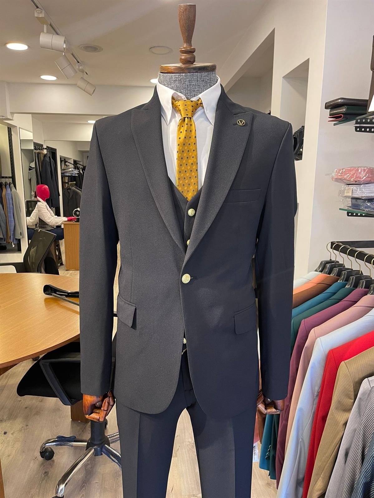 Maserto Slim Fit Siyah Takım Elbise Düz Desenli
