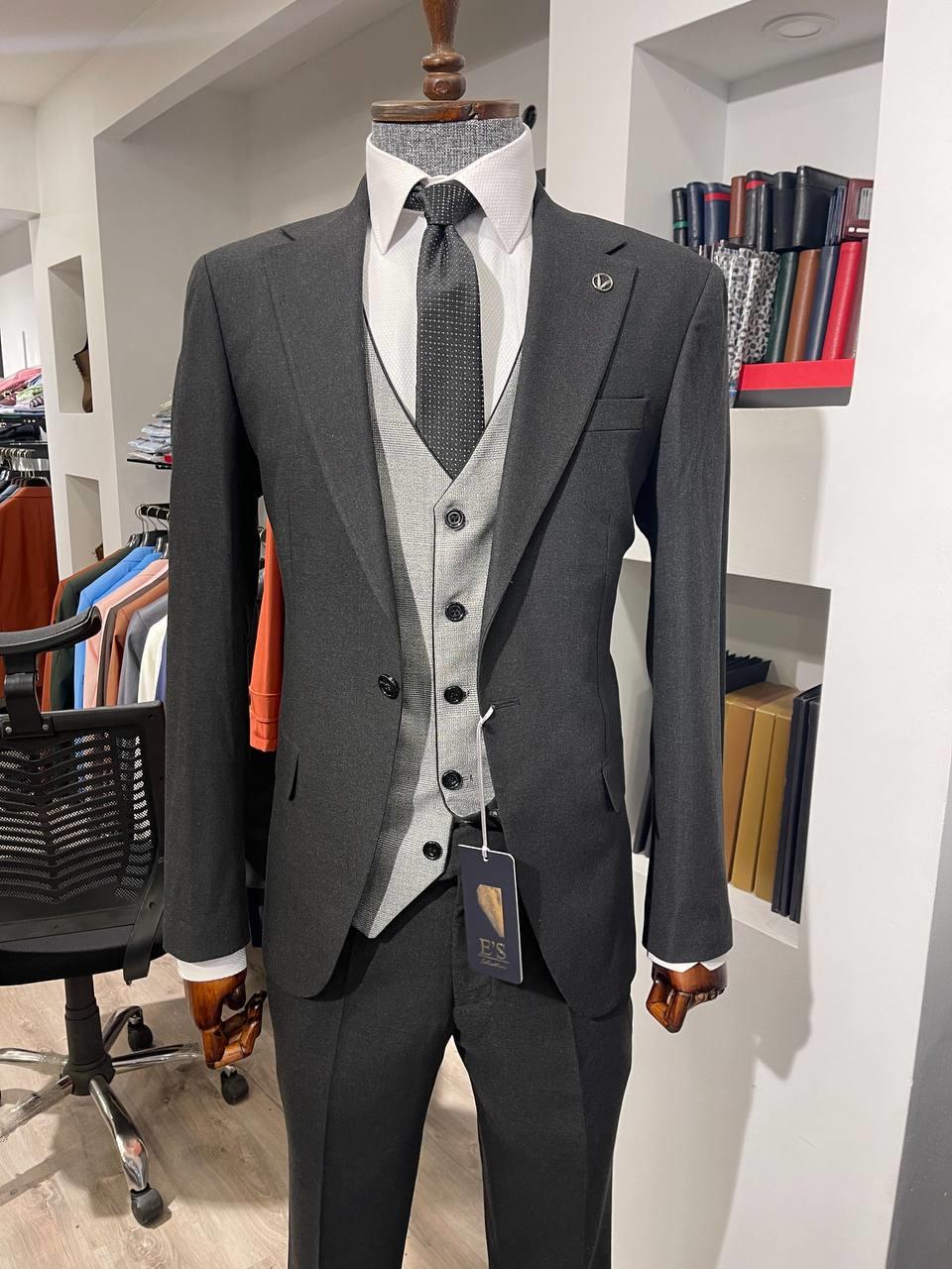 Maserto Slim Fit Siyah Takım Elbise Düz Desenli