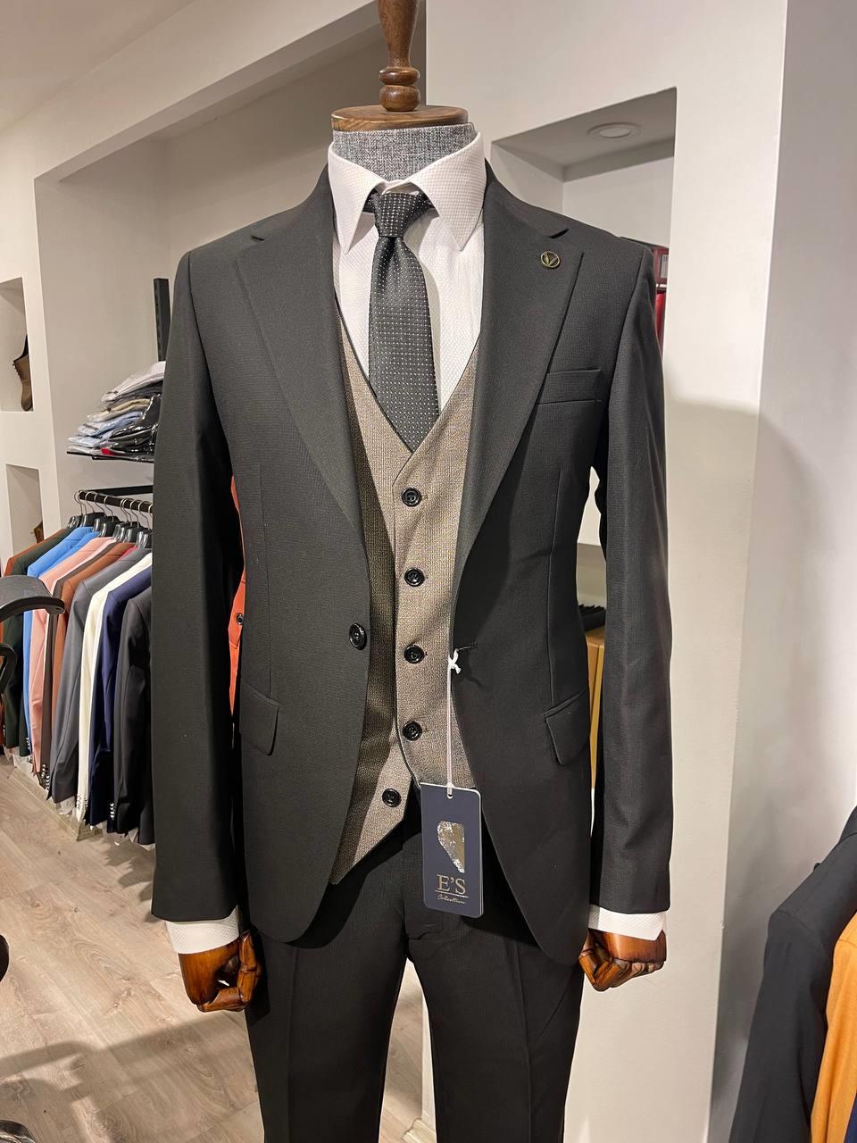 Maserto Slim Fit Siyah Takım Elbise Düz Desenli