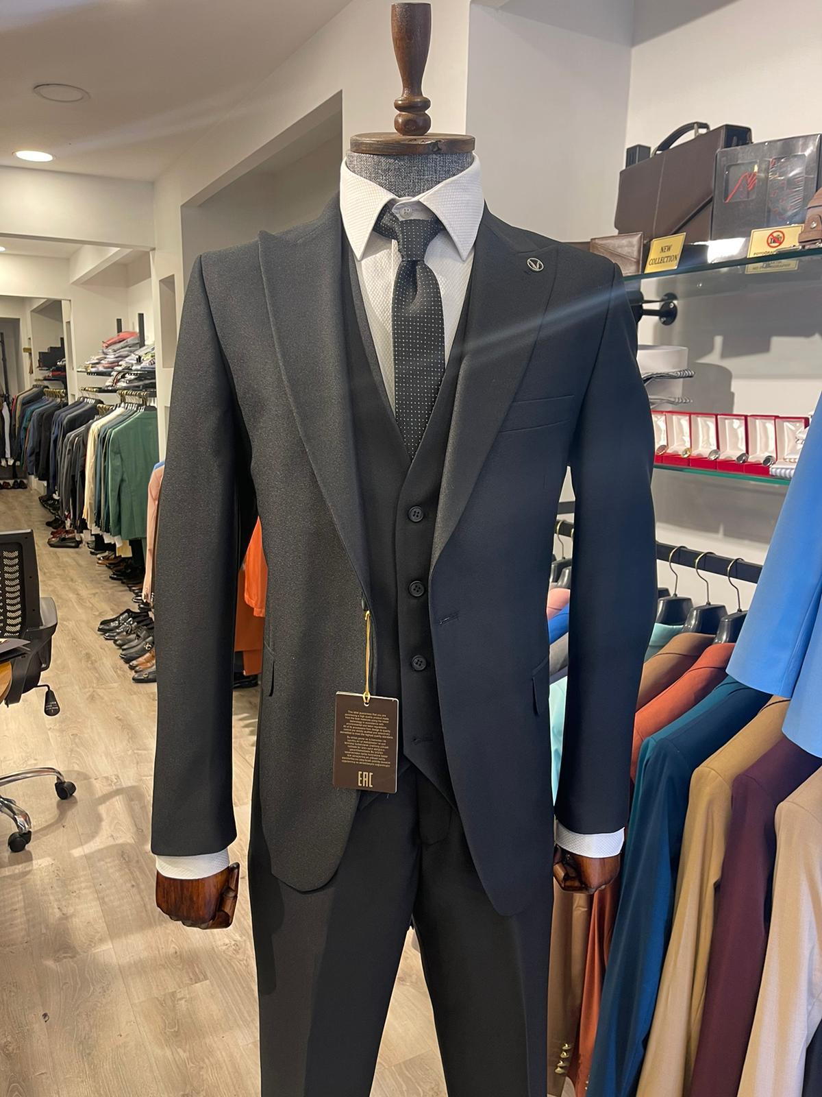Maserto Slim Fit Siyah Takım Elbise Düz Desenli