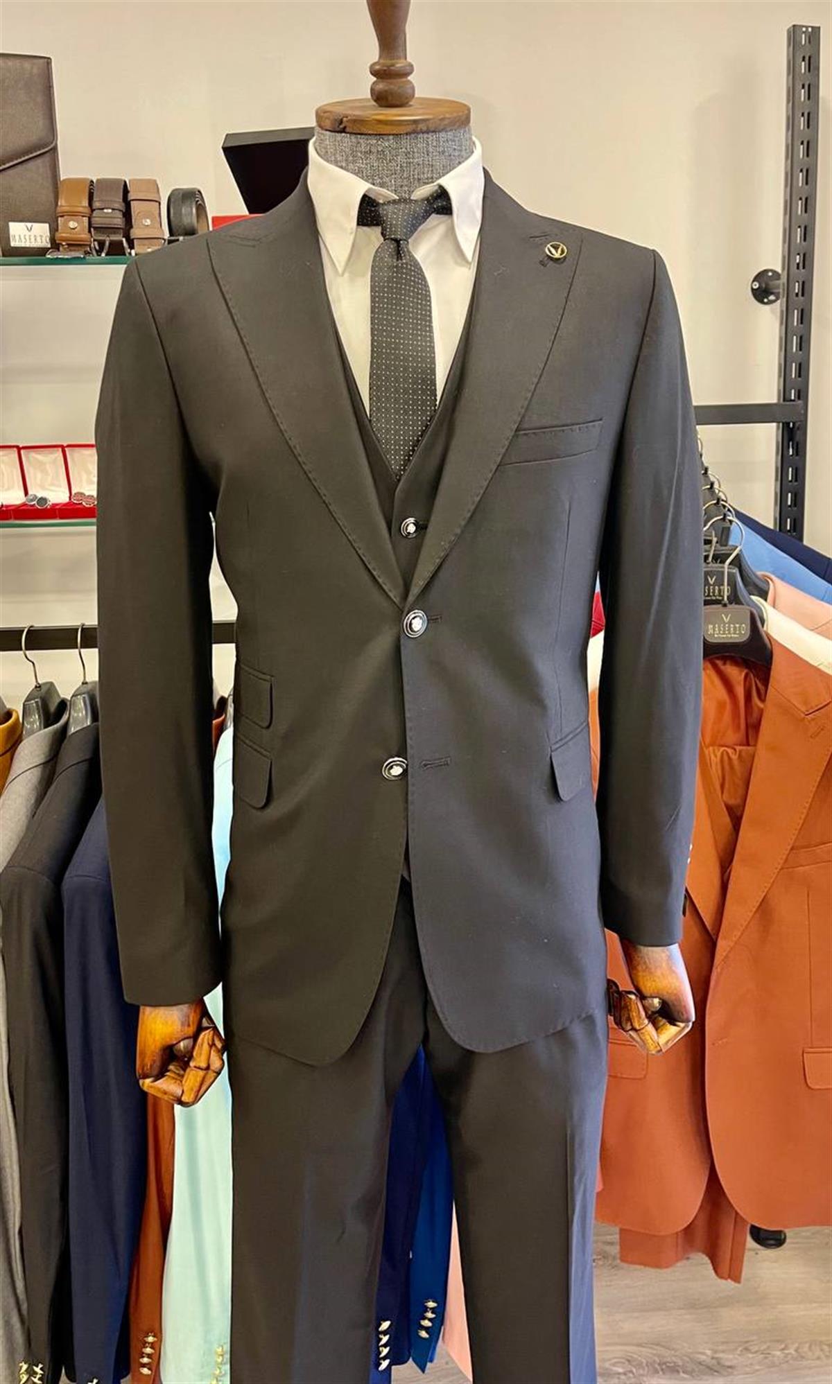 Maserto Slim Fit Siyah Takım Elbise Düz Desenli
