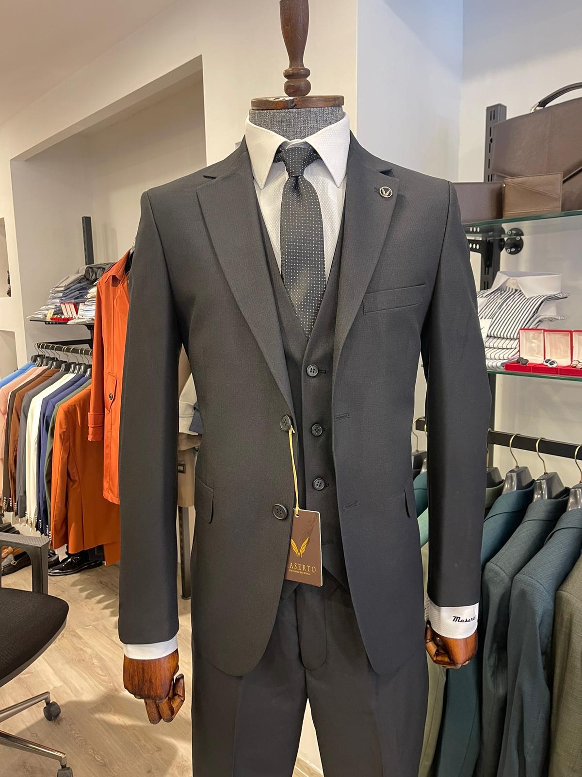 Maserto Slim Fit Siyah Takım Elbise Düz Desenli