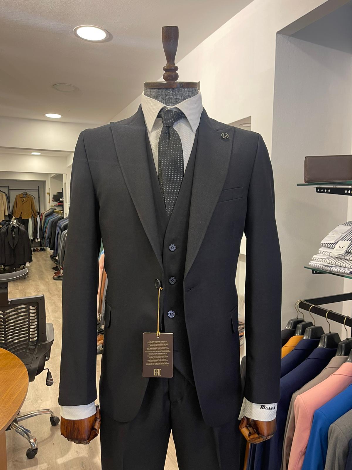 Maserto Slim Fit Siyah Takım Elbise Düz Desenli