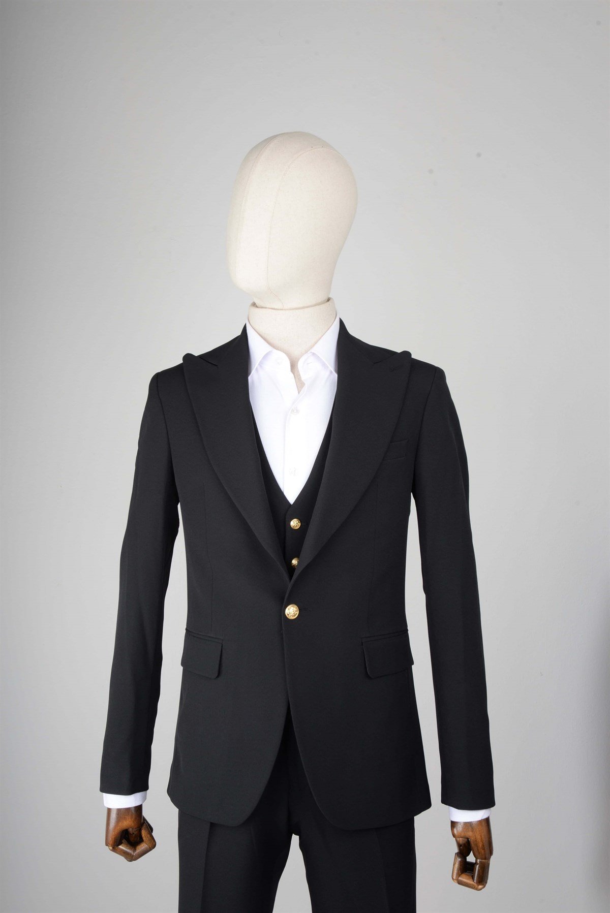 Maserto Slim Fit Siyah Yelekli Takım Elbise Düz Desenli