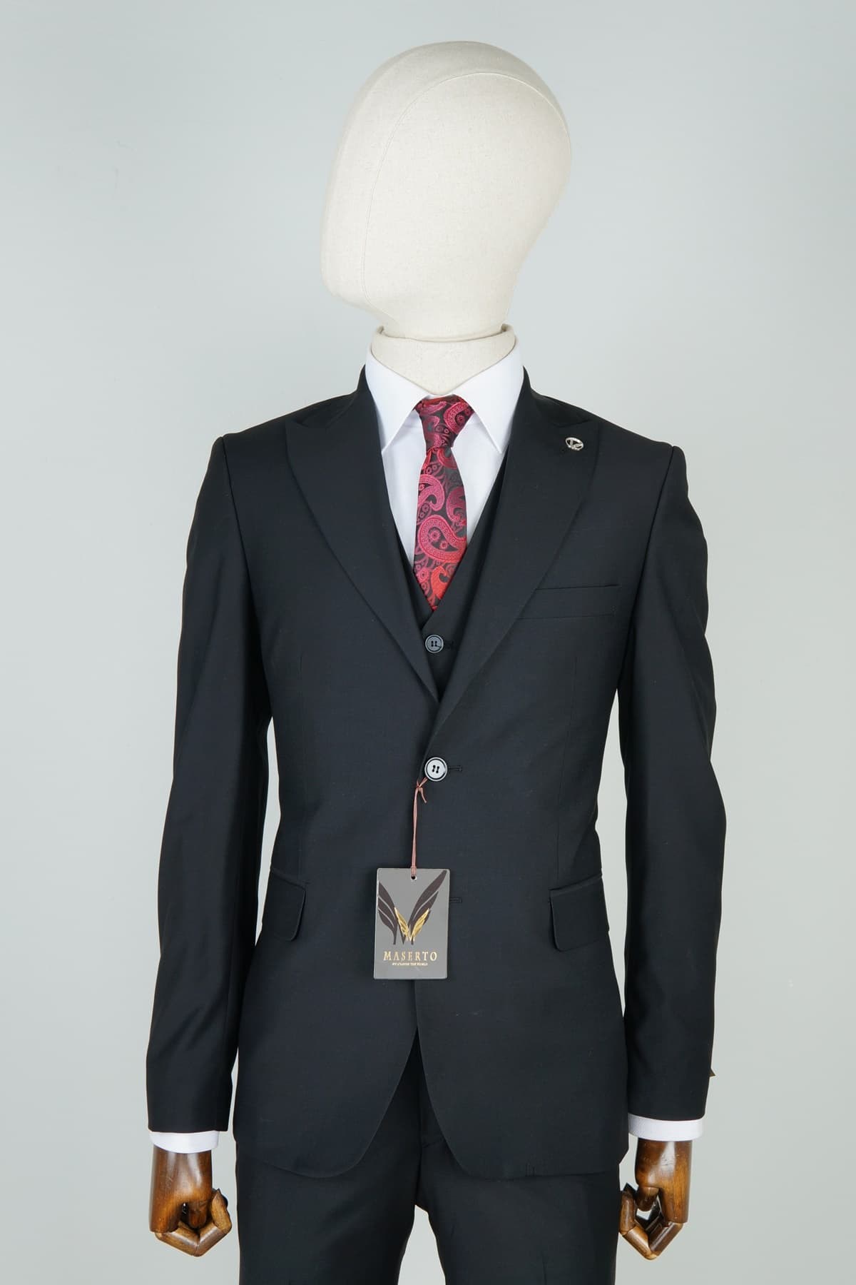 Maserto Slim Fit Siyah Yelekli Takım Elbise Düz Desenli