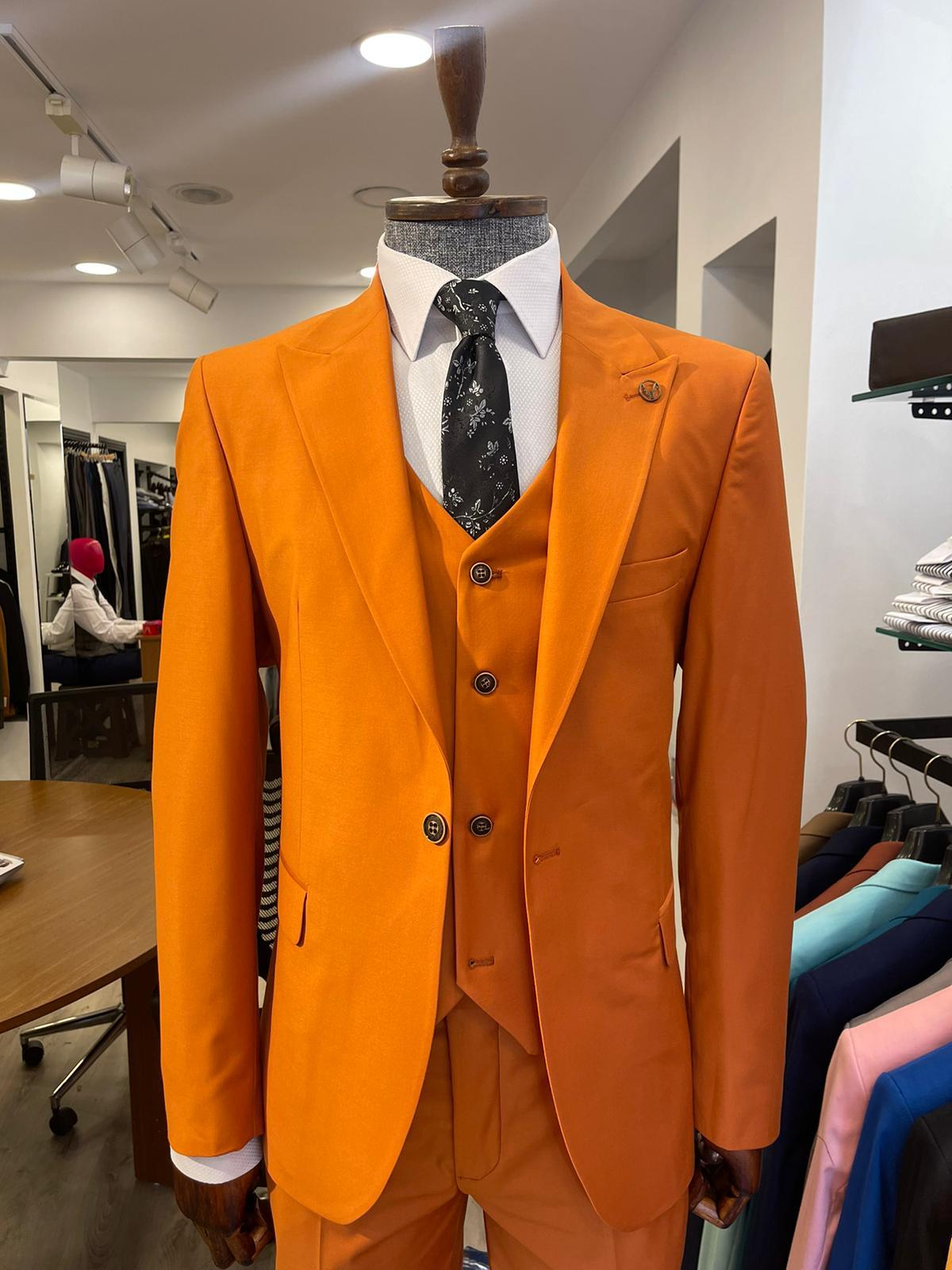 Maserto Slim Fit Turuncu Takım Elbise Düz Desenli