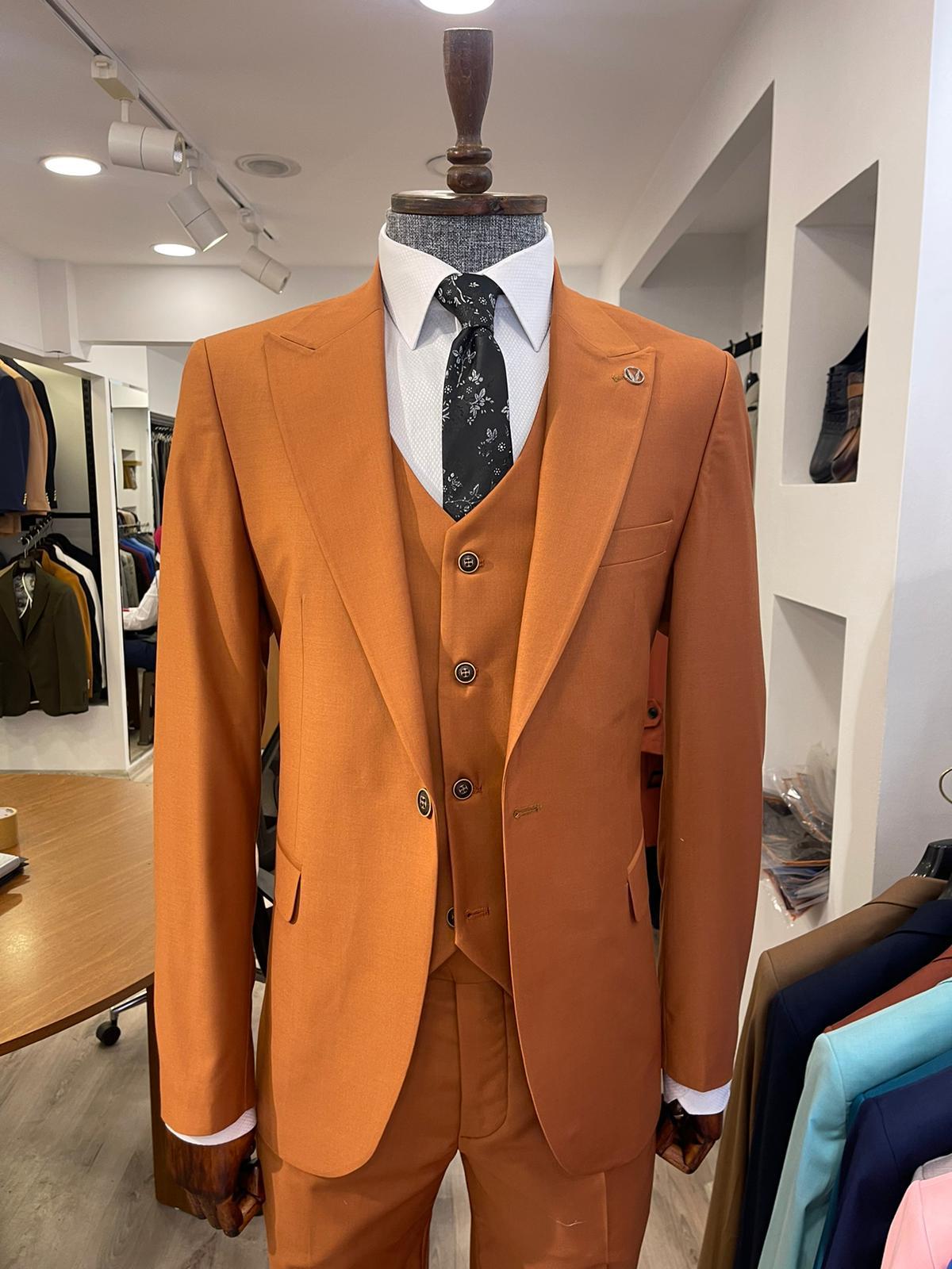 Maserto Slim Fit Turuncu Takım Elbise Düz Desenli