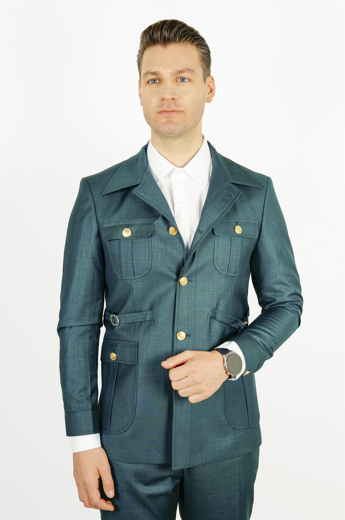 Maserto Slim Fit Yeşil Cepli Takım Elbise Kendinden Desenli