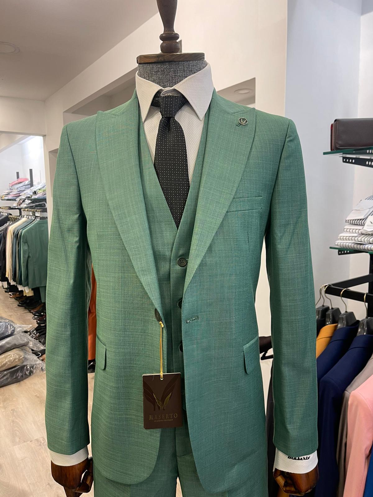 Maserto Slim Fit Yeşil Takım Elbise Düz Desenli