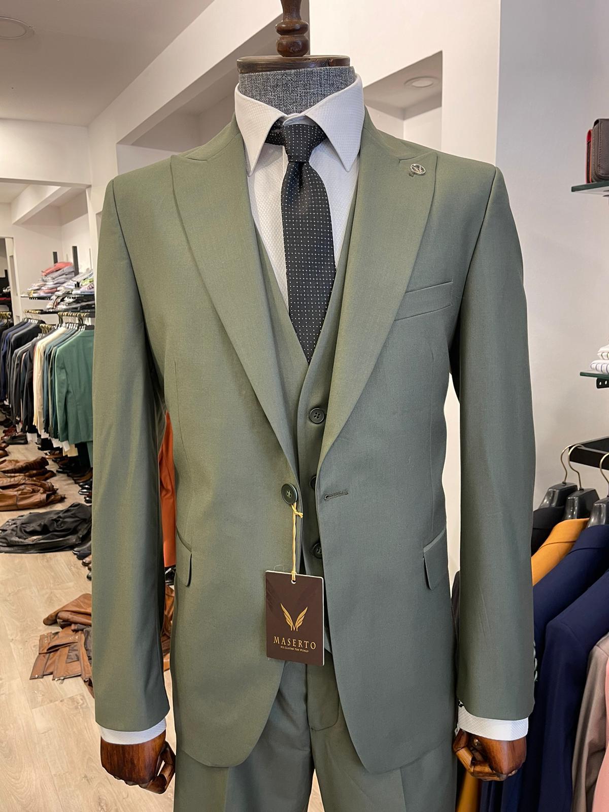 Maserto Slim Fit Yeşil Takım Elbise Düz Desenli