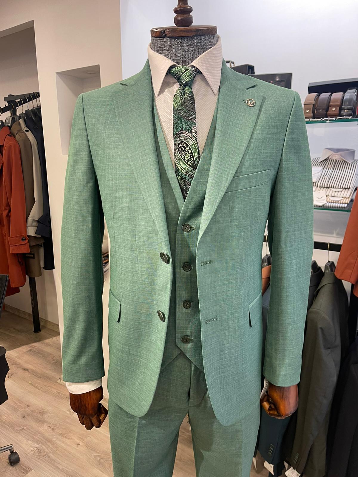 Maserto Slim Fit Yeşil Takım Elbise Düz Desenli