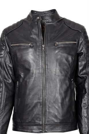 Maserto High Collar Black Leather Jacket Striped-Shoulder