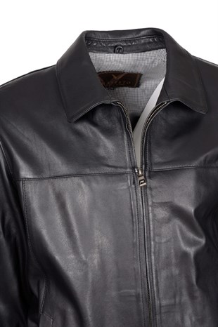 Maserto Shirt Collar Black Leather Jacket
