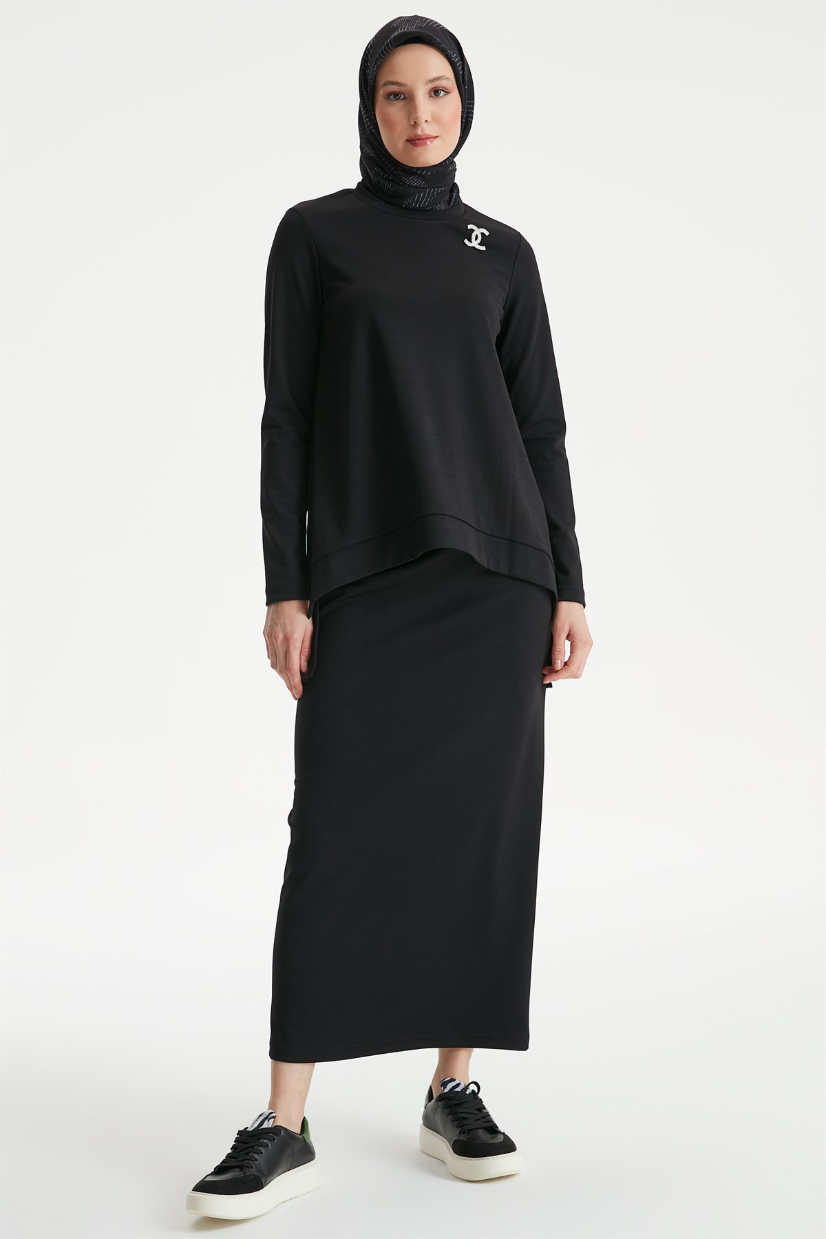 Asymmetric Blouse Skirt Set - Black